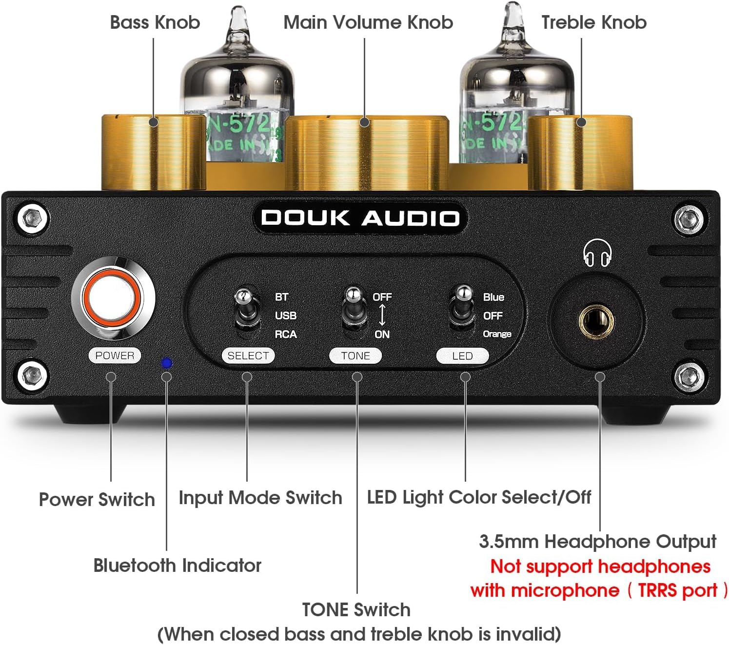 Douk Audio Bluetooth-Röhrenvorverstärker: HiFi-Stereo-Vorverstärker-Receiver | Kopfhörerverstärker | USB-DAC | Klangregelung für Heimkino und Desktop-Hören (P1)