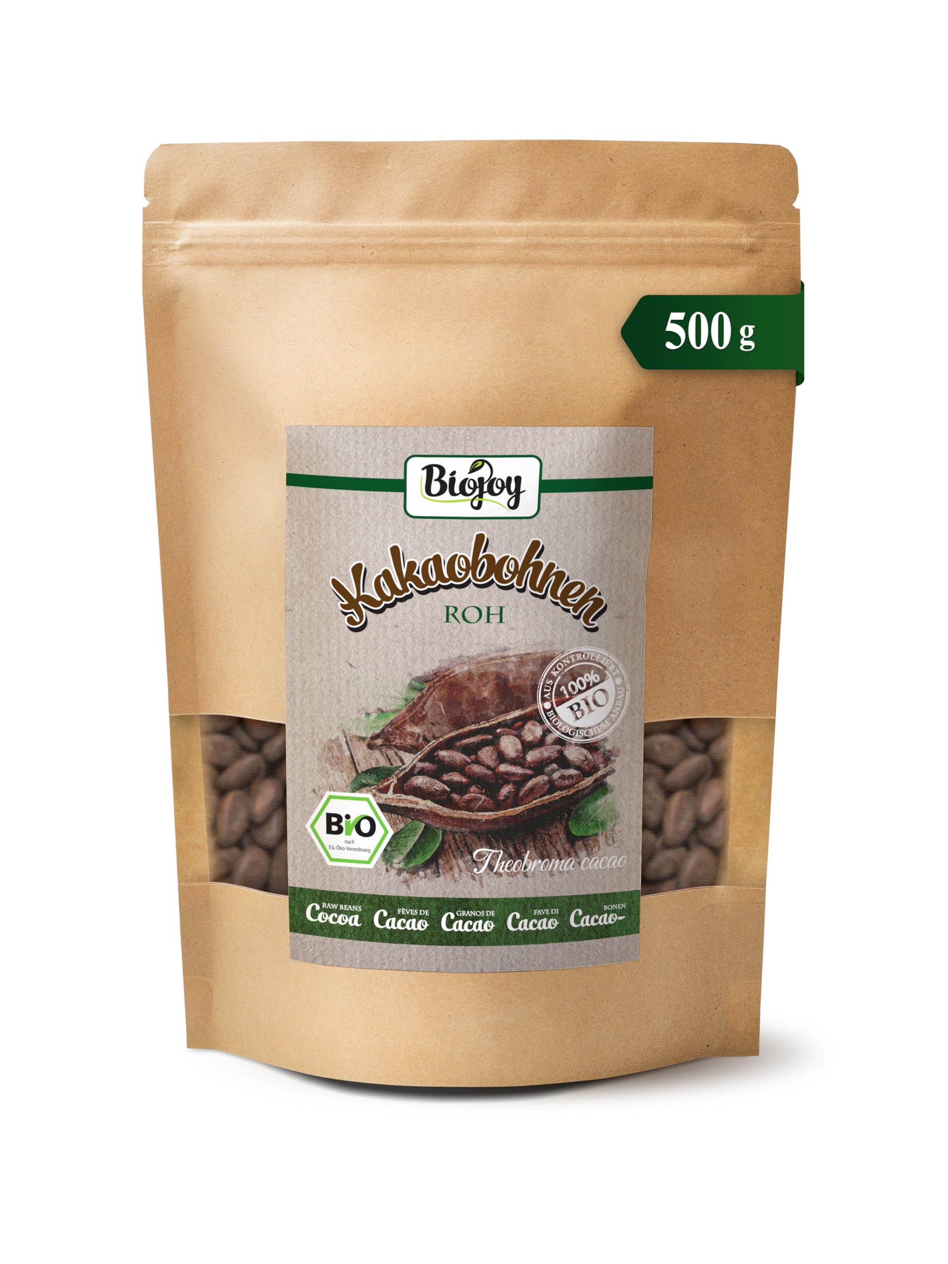 Biojoy Fave di Cacao Biologiche (500 g), crude e intere, senza zuccheri aggiunti (Theobroma cacao)