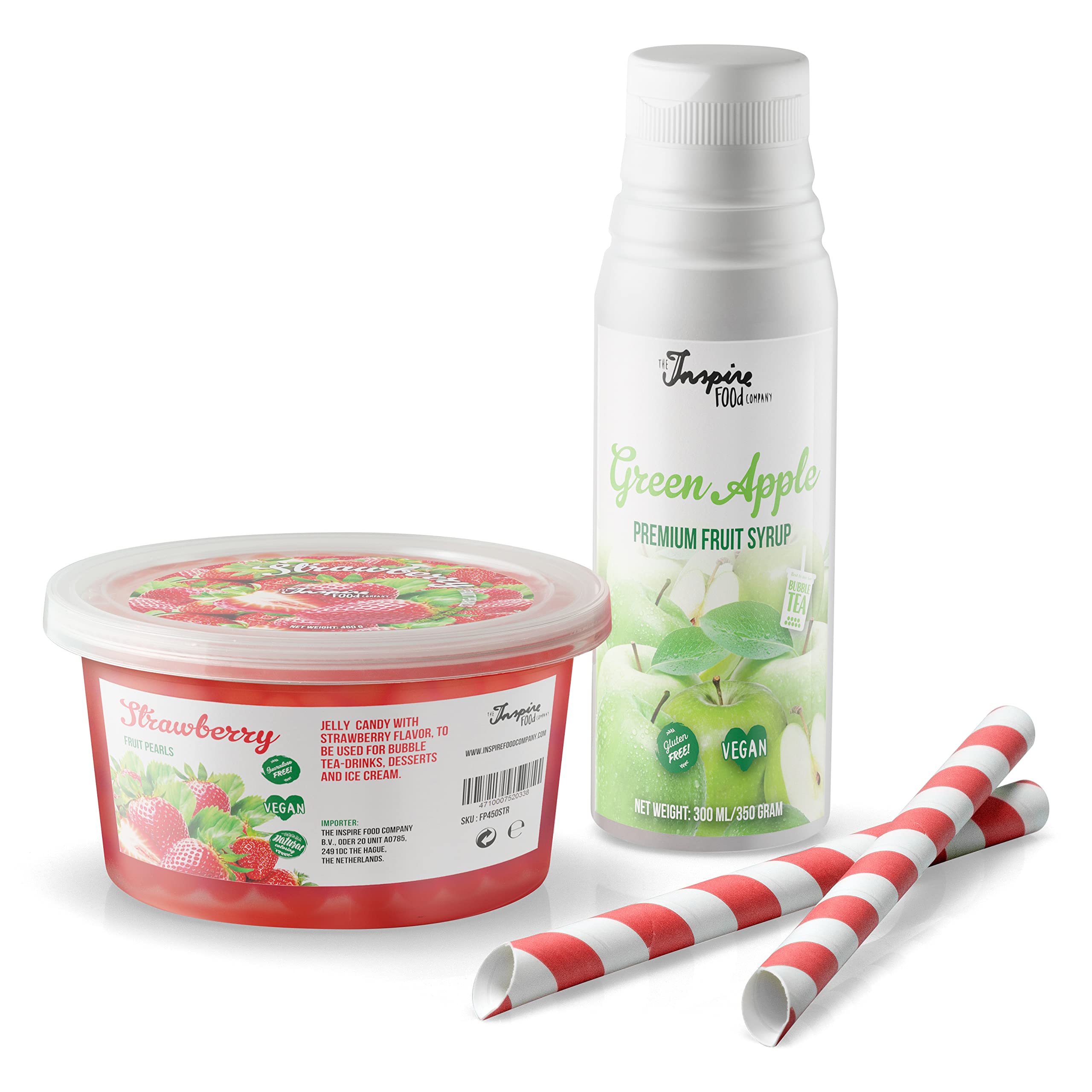 INSPIRE FOOD Bubble Tea Pearls Set - Strawberry Popping Boba 450g, Green Apple Syrup 300ml, 2 Straws