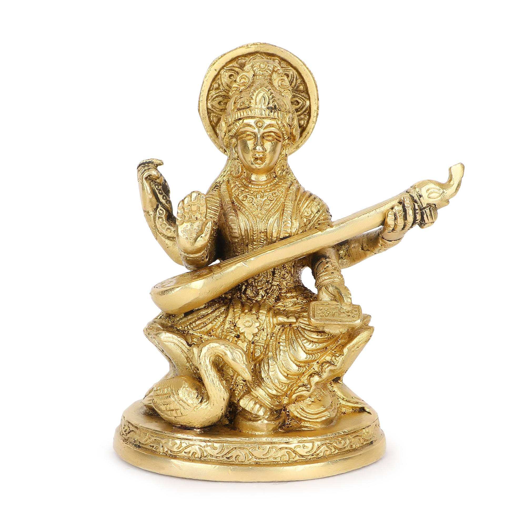 Zap Impex Golden Brass Saraswati Idol Saraswati Goddess Sitting Statue On Lotus For Home Puja Temple