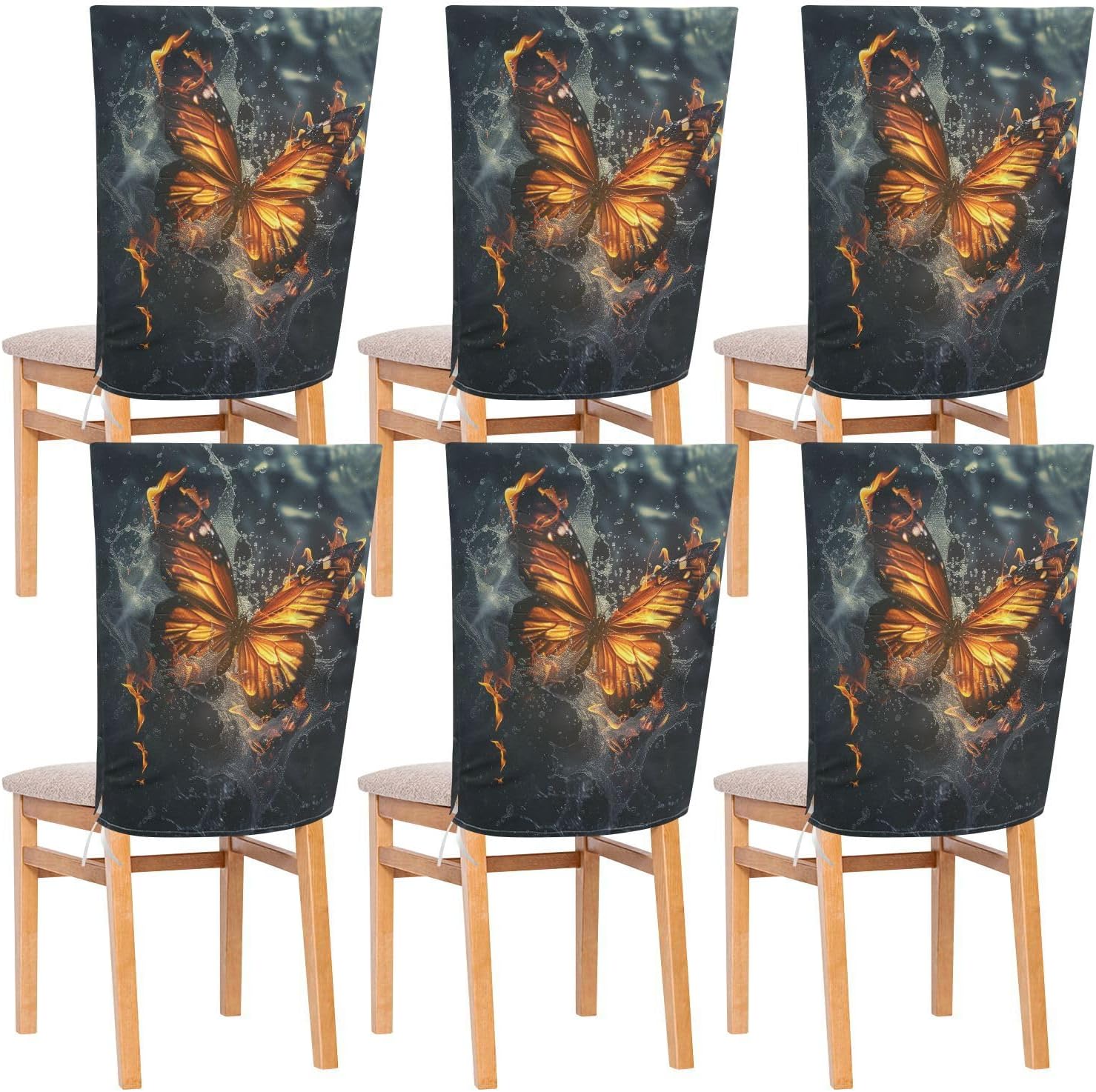 ALAZA Butterfly in The Fire and Water Chair Back Cover Set of 6, Washable Reusable Removable Chair Slipcovers Decorative Chair Cover for Home Kitchen Wedding Party