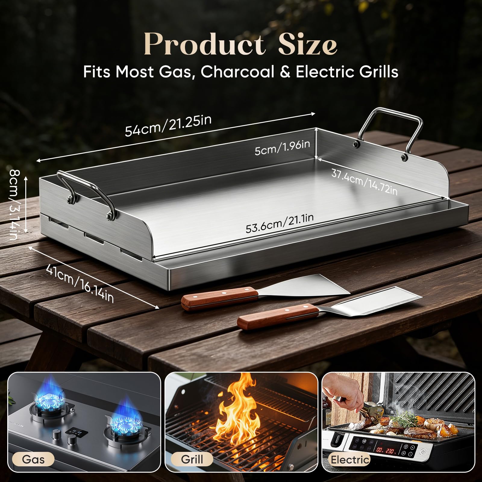 Piastra per barbecue in acciaio inox, 54 x 41 cm, grande piastra con 2 spatole, piastra per barbecue con manico rimovibile e canalina di raccolta grasso alta 3 cm, per barbecue a gas e