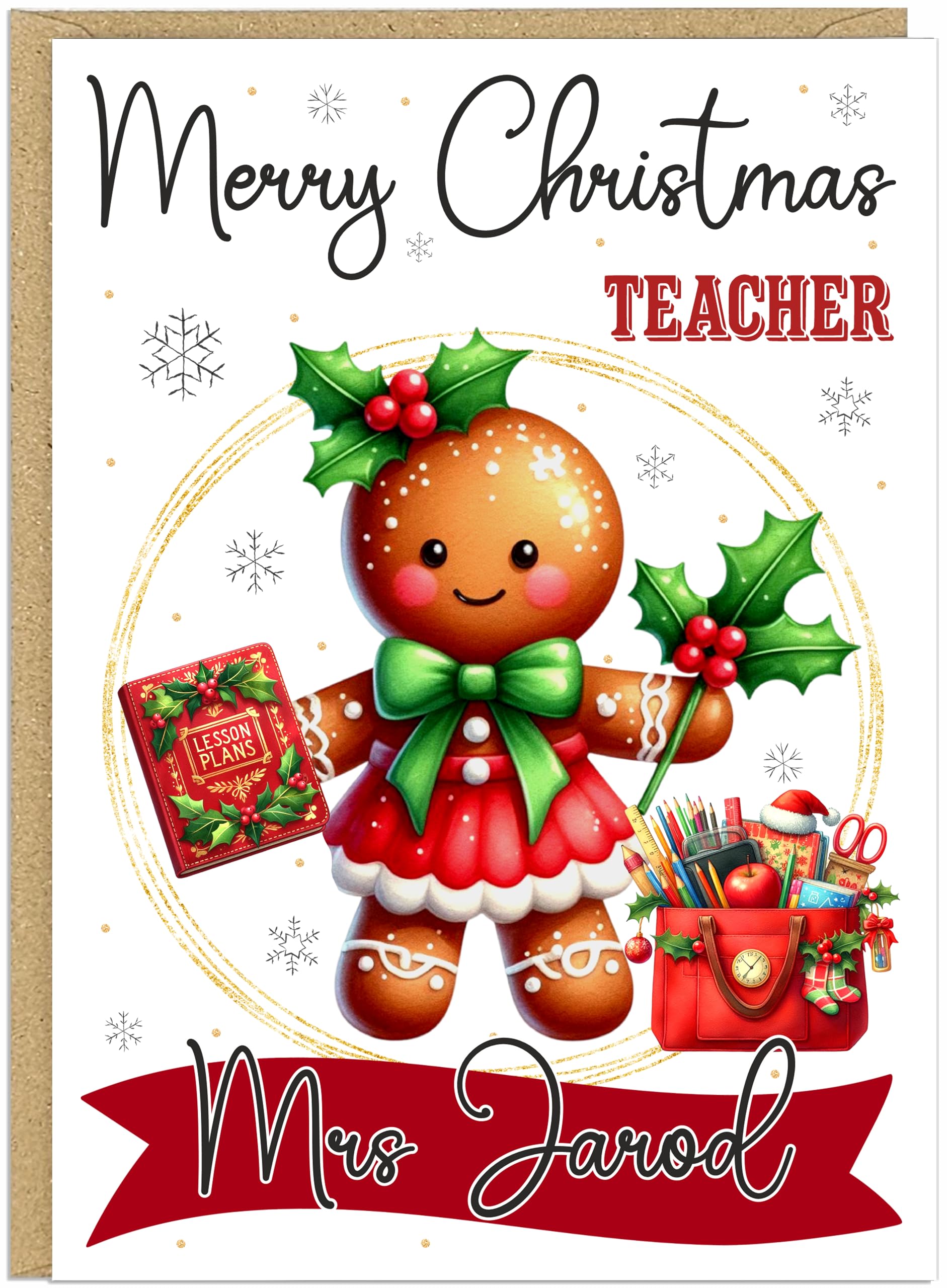 Personalised Gingerbread Christmas Cards for Teachers from Parents Students Colleagues - Own Name School Professions A5 Thank You Cards (Art Maths PE Science Music & More) (Teacher Female)