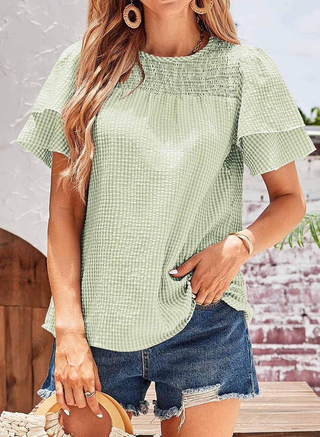 Womens Tops Dressy Casual Cute Babydoll Ruffle Sleeve Blouses Summer Gingham Flowy Peplum Peasant Shirts - Image 6