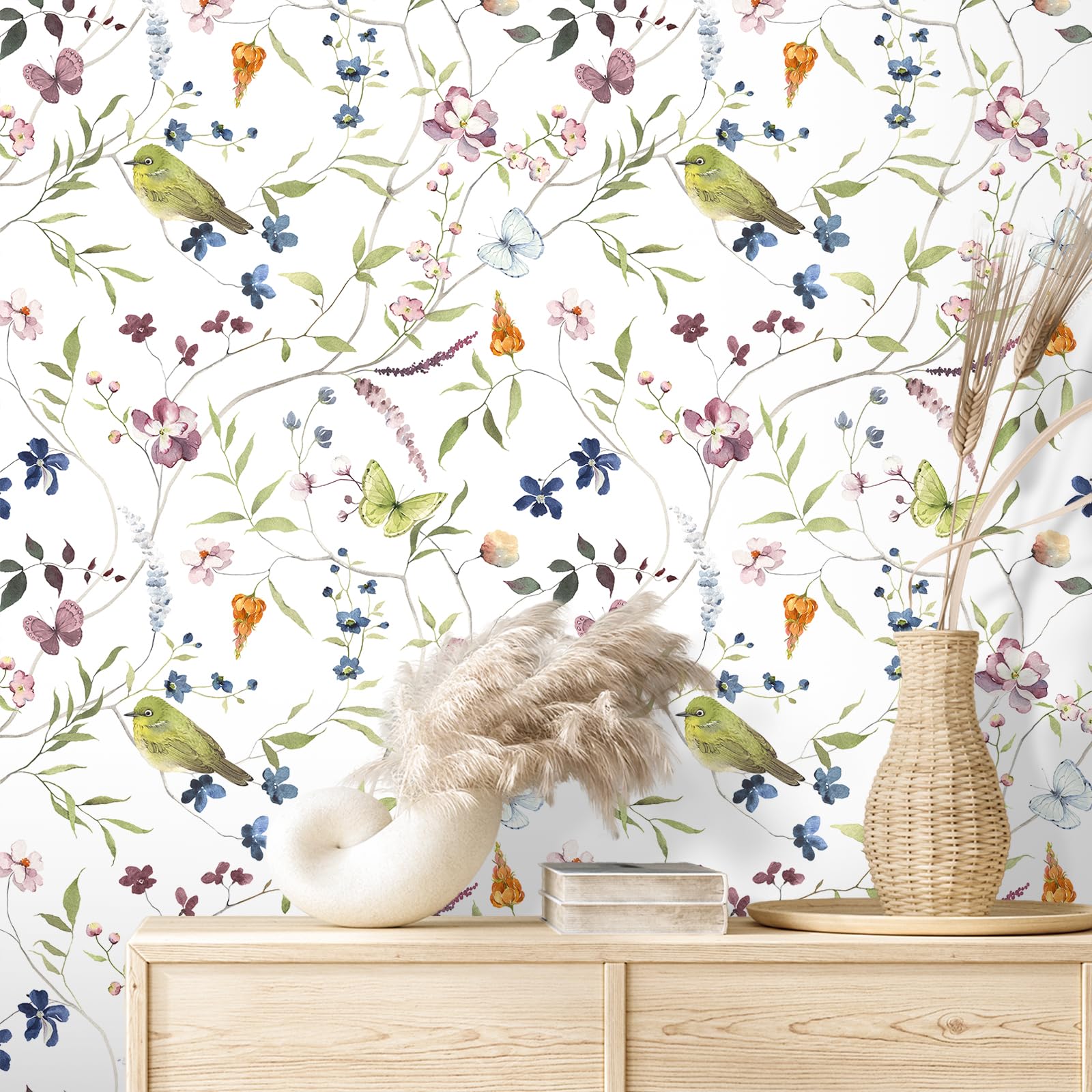 VEELIKE Vintage Bird Wallpaper Peel and Stick Butterflies Floral Wallpaper 44.5cm x 300cm Removable Chinoiserie Wallpaper Mural for Bedroom Bathroom Prepasted Art Deco Contact Paper for Cabinets Walls - Image 3