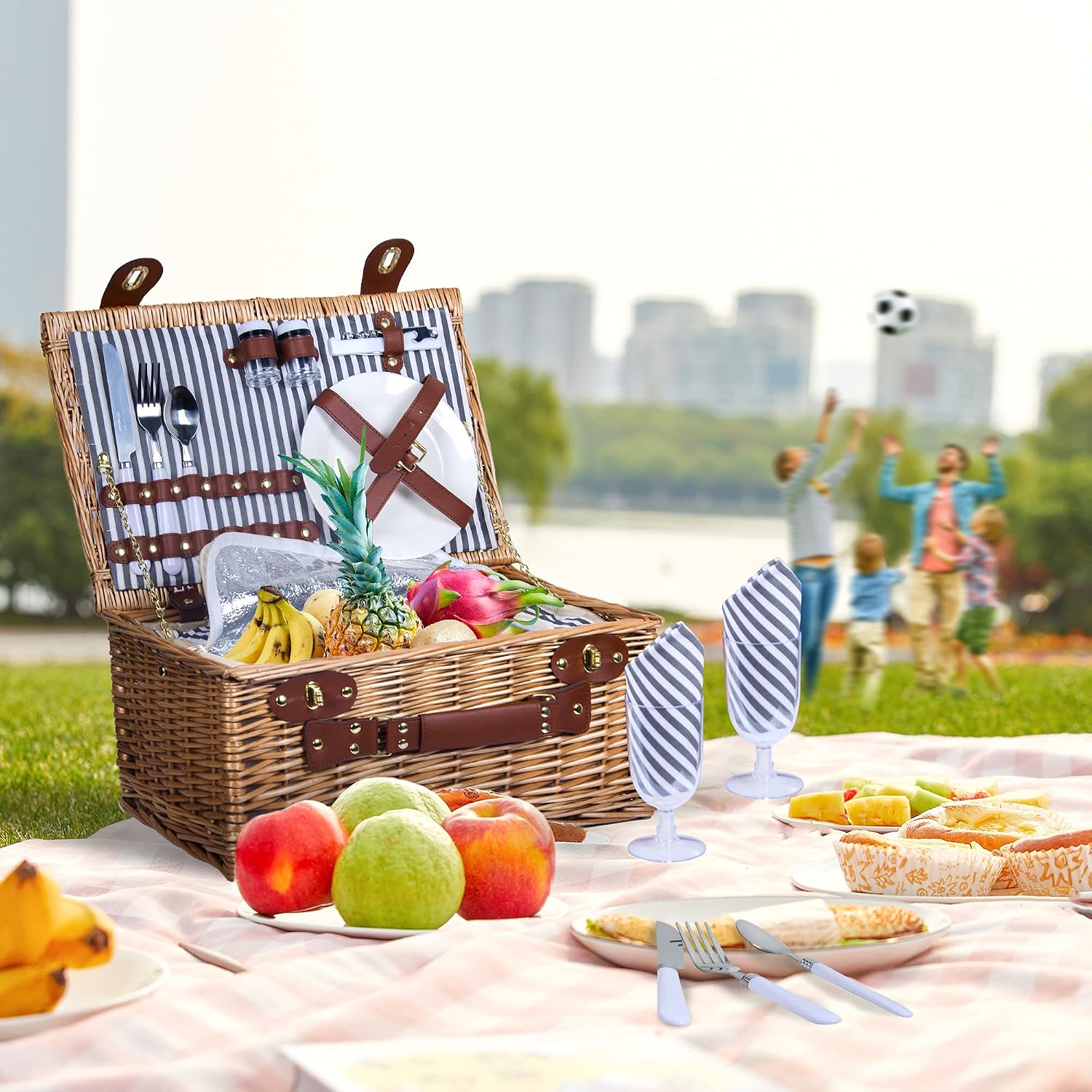 SatisInside Picnic Basket for 2 Wicker Picnic Set with Insulated Liner for Camping,Wedding,Valentine Day,Gift - Reinforced Handle, Grey Stripes