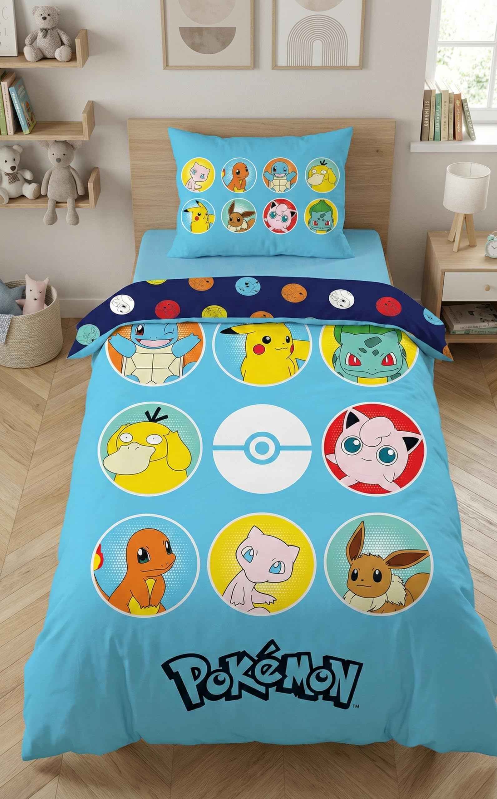 Pokemon Children's Bedding Set – Duvet Cover 140 x 200 cm + Pillowcase – Officially Licensed – 100% Polyester – Single Boy's Bed