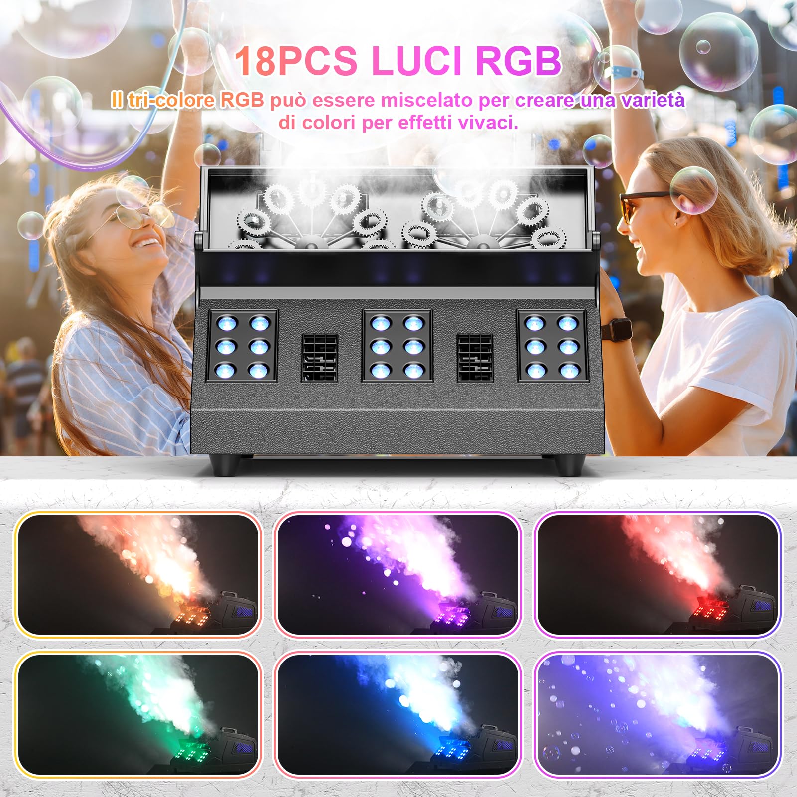 Macchina del Fumo Macchina per Bolle di Fumo A Doppia Ruota Macchina per Fumo di Bolle per Feste da 1500 W 18 LED RGB con 2 Ventole di Bolle per All'aperto Festa Matrimonio, 1 pezzo