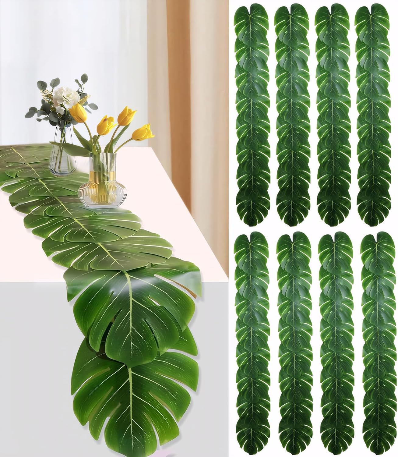 8 Pcs Palm Leaves Table Runners 72 Inch, Artificial Tropical Palm Leaves Table Runner Faux Leaf Table Cloth for Wedding Hawaiian Luau Theme Party Supply Summer Table Wall Decorations