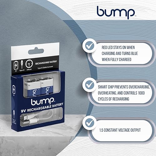 Miniatura 5 de bump Baterías recargables de 9 voltios – Paquete de 2 – iones de litio, alto rendimiento, carga USB rápida y duradera, uso con alarmas de