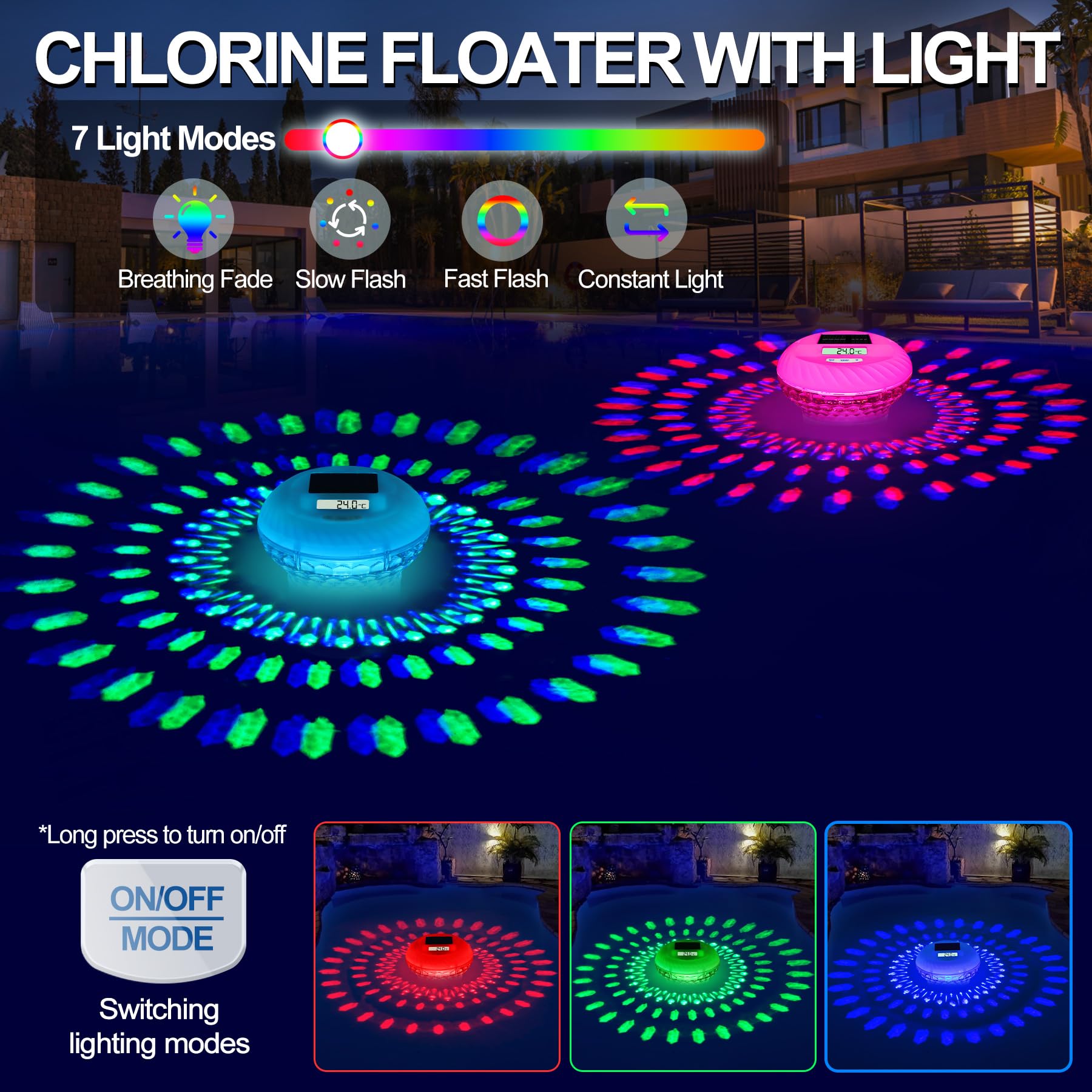 KingSom 2026 Diffuseur Chlore Piscine, Distributeur de Chlore Flottant avec Lumineux Solaire, Contrôle par Bouton Distributeur de Chlore pour Piscine Réglable
