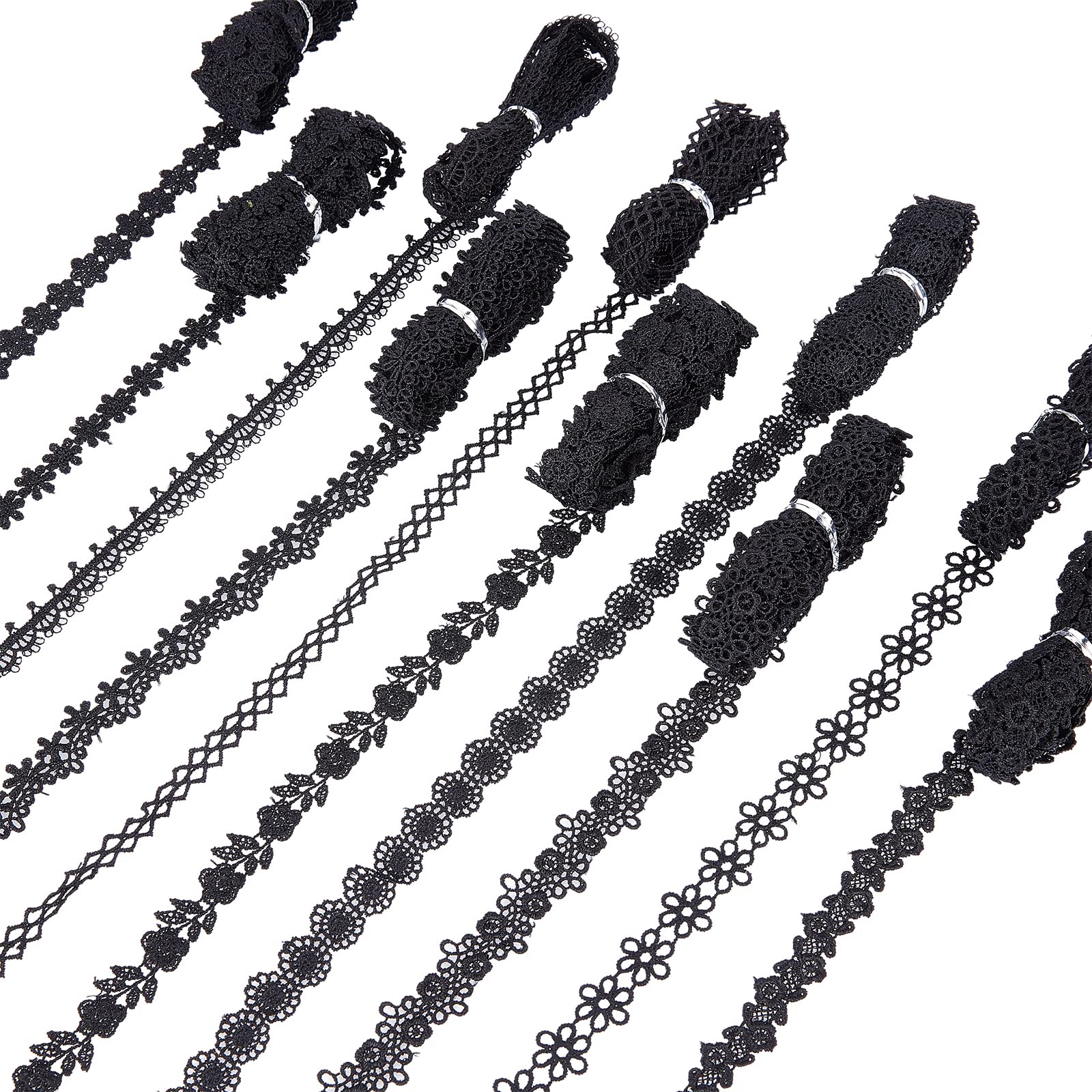 10 Rolls Black Floral Lace Trim - 3/8 To 3/4 Inch Wide, Vintage Style For DIY Crafts, Sewing, Wedding Decor