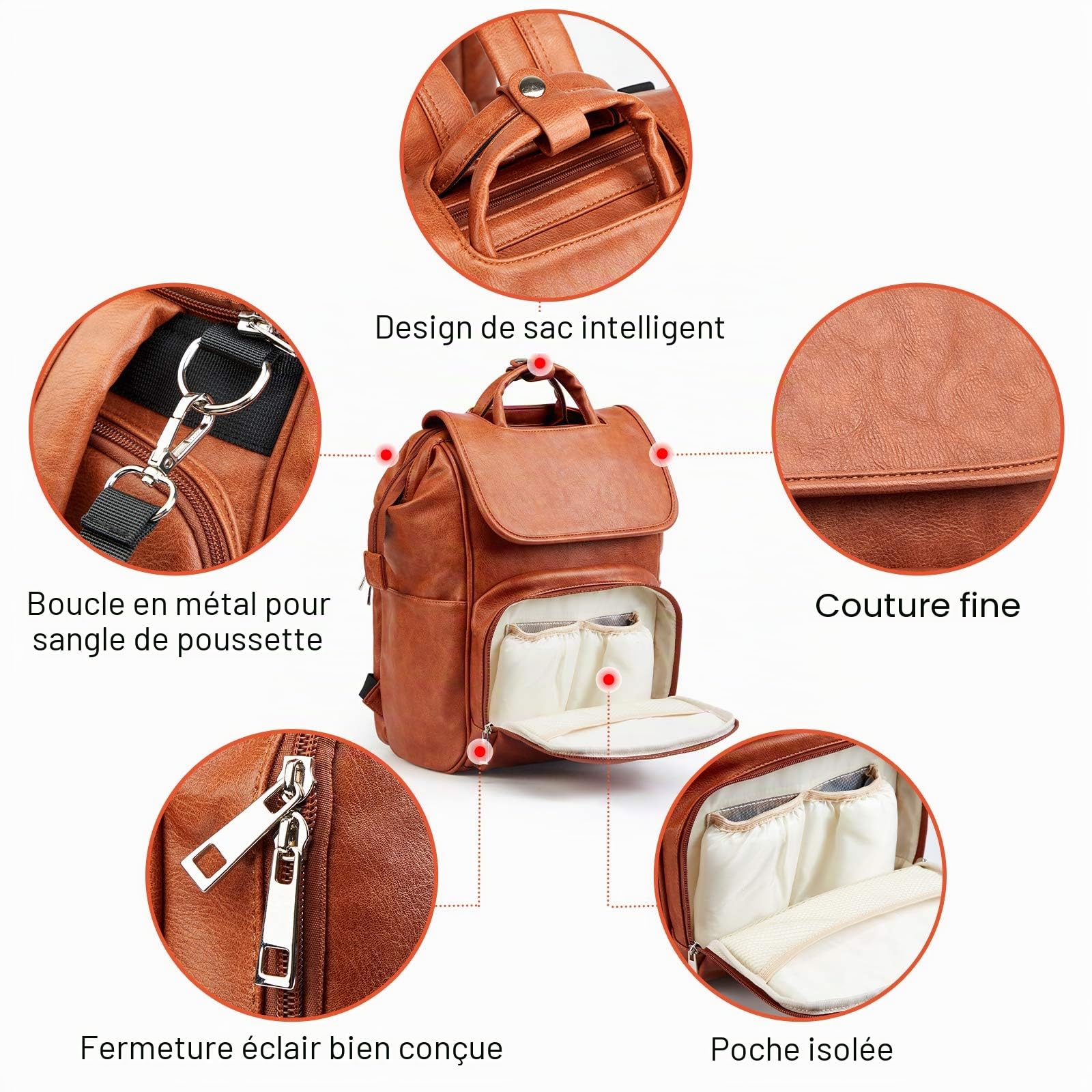 Sac à dos à langer en cuir avec matelas à langer, sac à dos de voyage imperméable et isolé, grand sac à langer pour femme, sangles de poussette