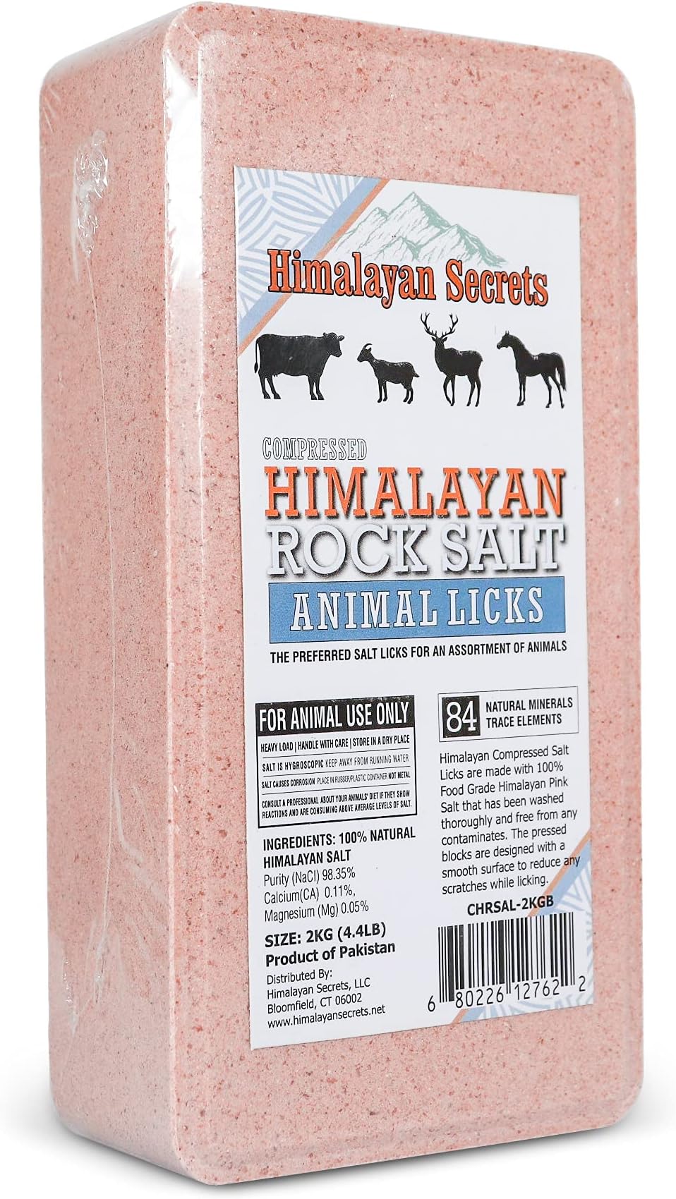 Salt Block for Deer & Horses – Compressed Mineral Salt Lick for Livestock, Cattle & Goats – Himalayan Secrets Pink Rock Salt Block (4.4LB/2KG, Block)