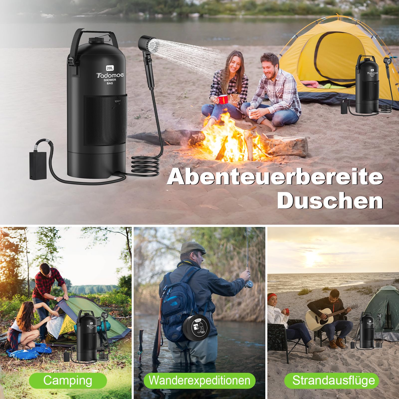 20L Camping dusche mit pumpe, 2000mAh Solardusche mit Camping Tasche Und Düse, für Camping Strand Wandern Reise