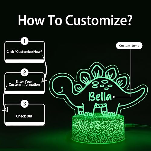 Miniatura 5 de Luz nocturna de dinosaurio personalizada para niños y niños, adaptador LED personalizado, luz nocturna de nombre de acrílico con control remoto,