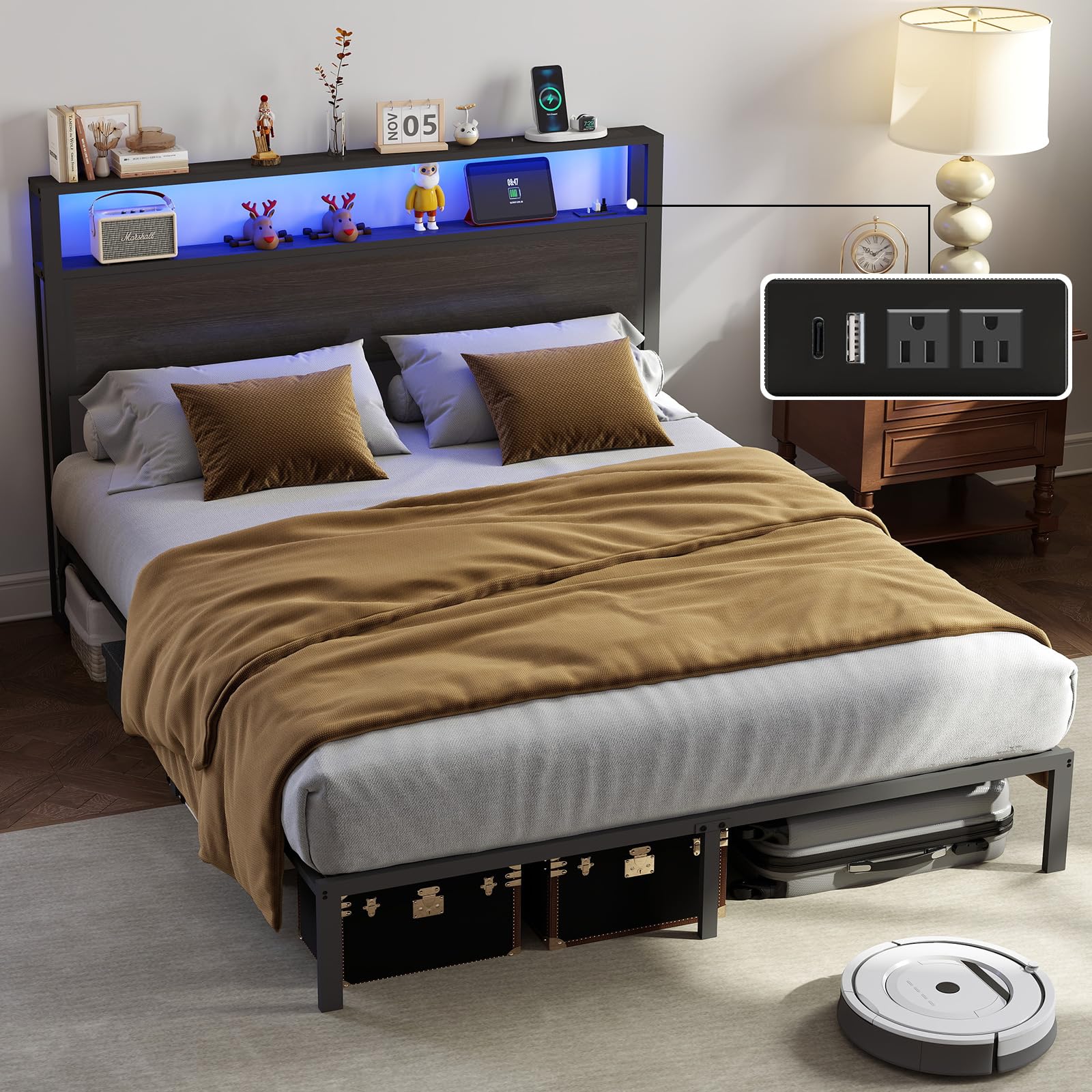 Full Size Bed Frame with Headboard, Metal Platform Bed Frame with LED Lights & Charging Station, Under Bed Storage, Solid and Stable, No Box Spring Needed, Noise Free, Easy Assembly, Dark Grey