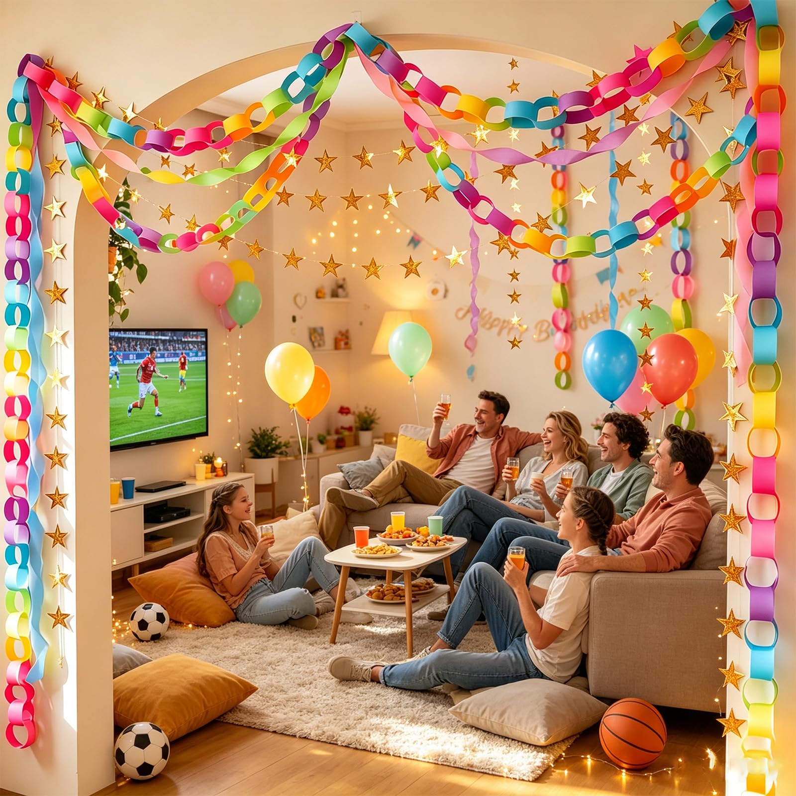 Juego de guirnalda de cadena de papel pastel todo en uno con 300 tiras de cadena de papel + 6 rollos de serpentinas de crepé coloridas + 6 guirnaldas de estrellas doradas, sin herramientas, fácil
