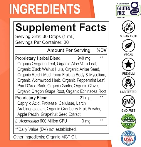 Miniatura 7 de Candida Cleanse - Pastillas y gotas de desintoxicación  Gotas de aceite de orégano orgánico, ácido caprílico negro de nogal negro ajenjo Candi Kit