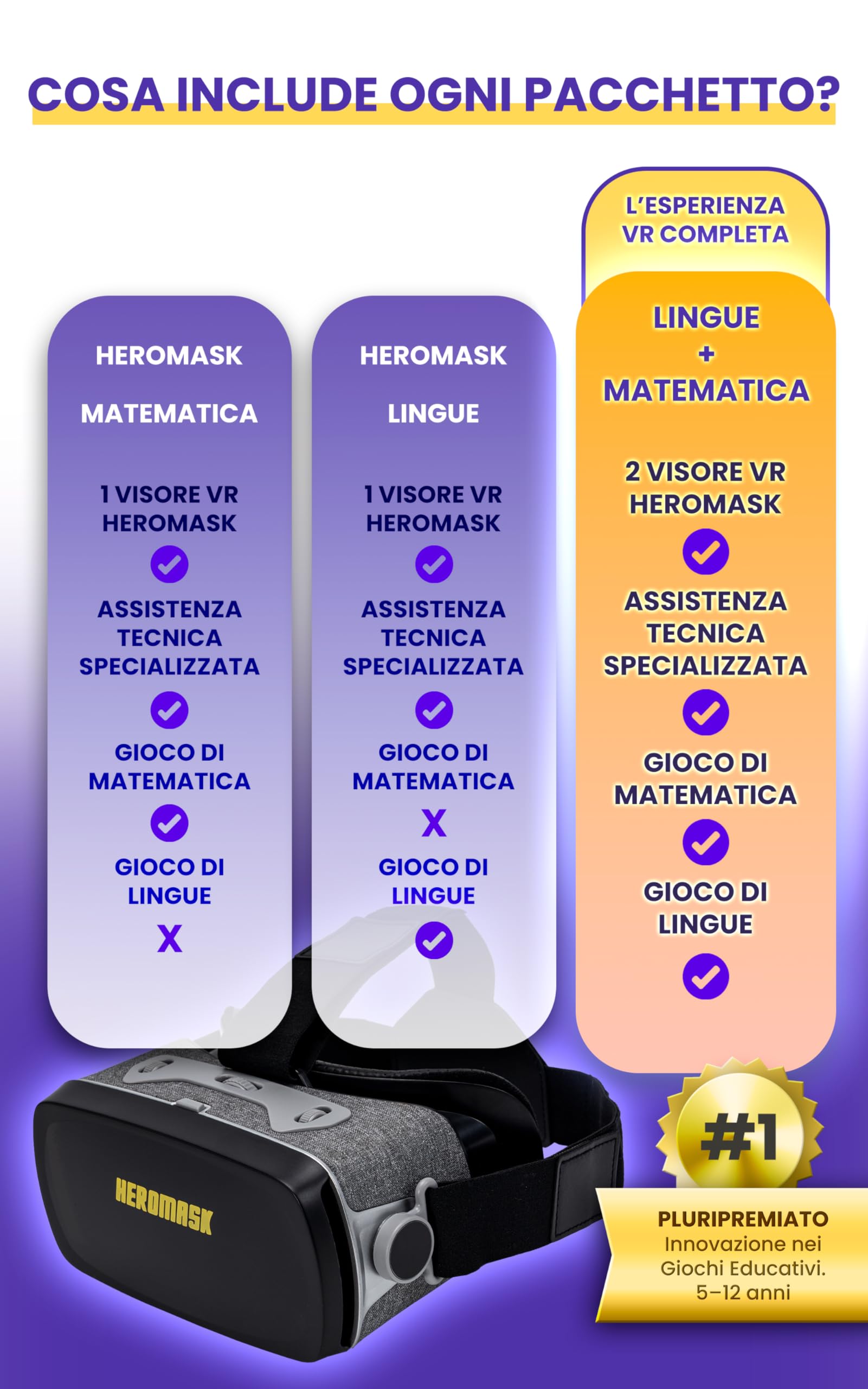 Heromask Pacchetto Lingue + Matematica – Gioco Educativo VR 2 in 1 | Impara Lingue e Calcolo Divertendoti | Regalo Originale per Bambini 5-12 Anni, Compatibile con iOS e Android