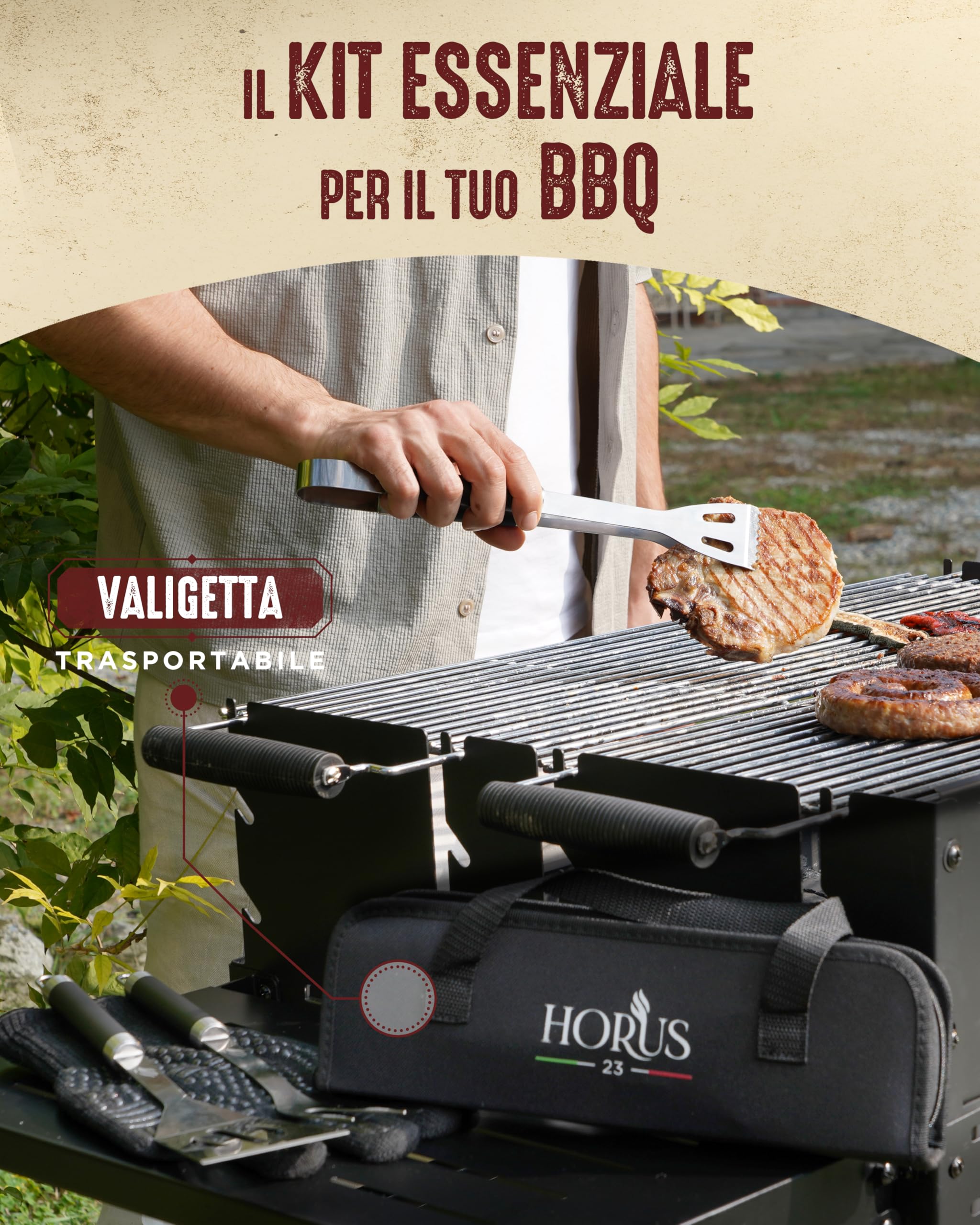 HORUS 23® - Set Accessori Barbecue Professionale con Borsa Porta Attrezzi Barbecue - 4 Accessori BBQ: Pinze, Spatola, Forchettone e Guanto Ignifugo