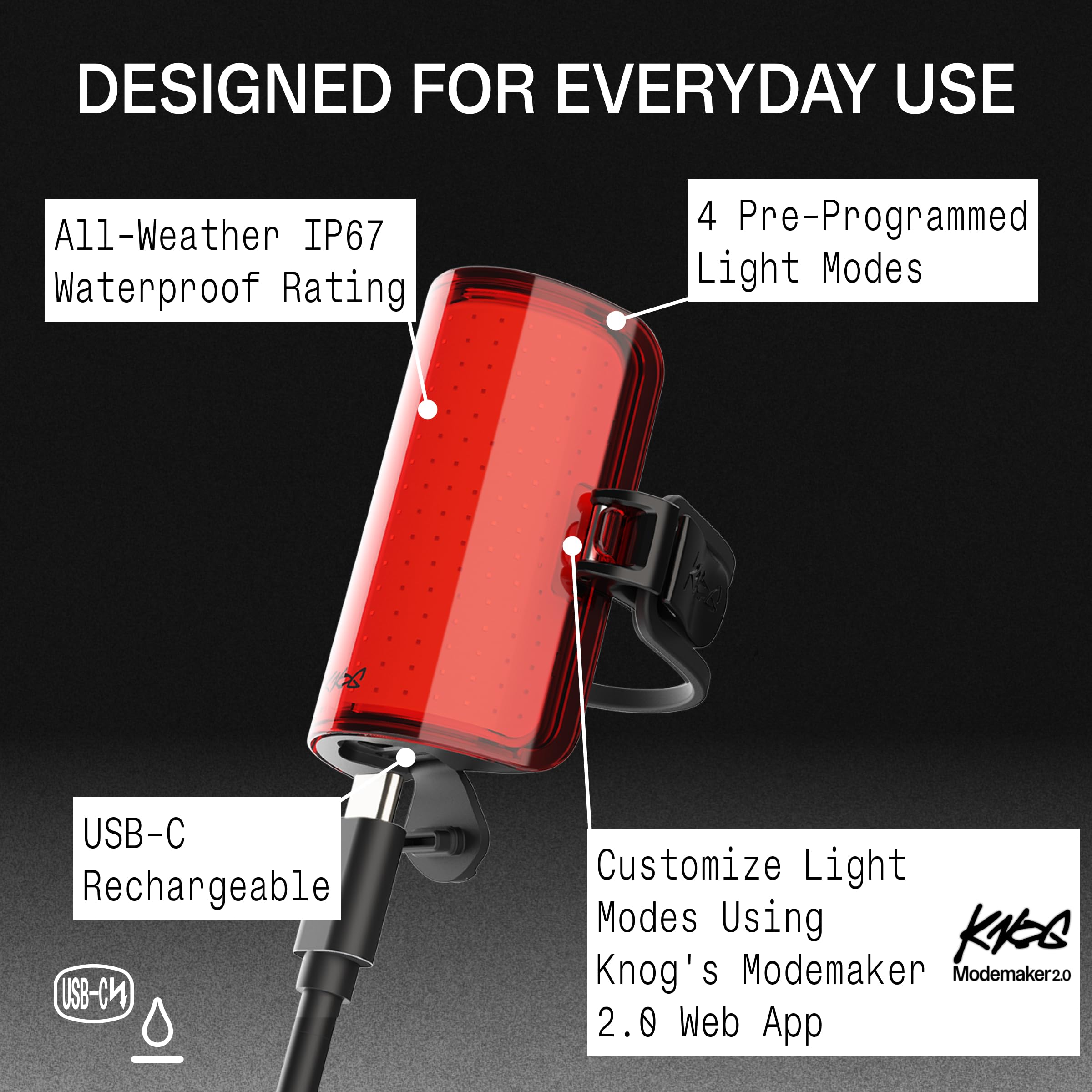 Knog Cobber Reflex Feu arrière de vélo rechargeable USB-C 250 lumens | Feu arrière de 250 lumens avec visibilité à 330 °, charge USB-C, étanchéité IP67 et jusqu'à 70 heures d'autonomie