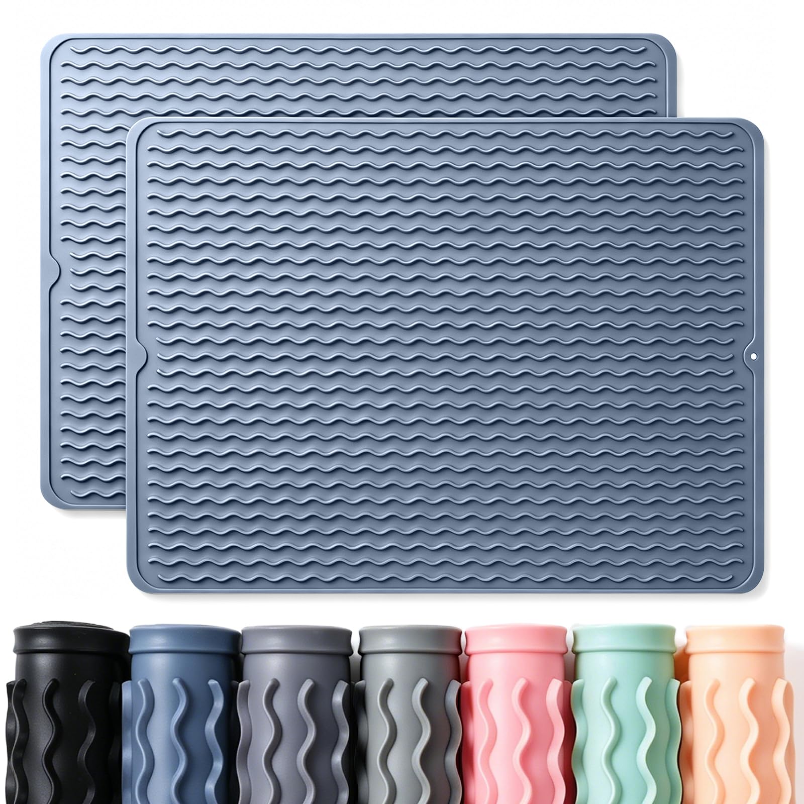 2 Pack Caketime Silicone Dish Drying Mat for Kitchen Counter Multiple Usage for Cooking Grilling Under Sink Office Coffee Accessories Appliances Pioneer Woman Stuff Extra Large 24"x18" Blue