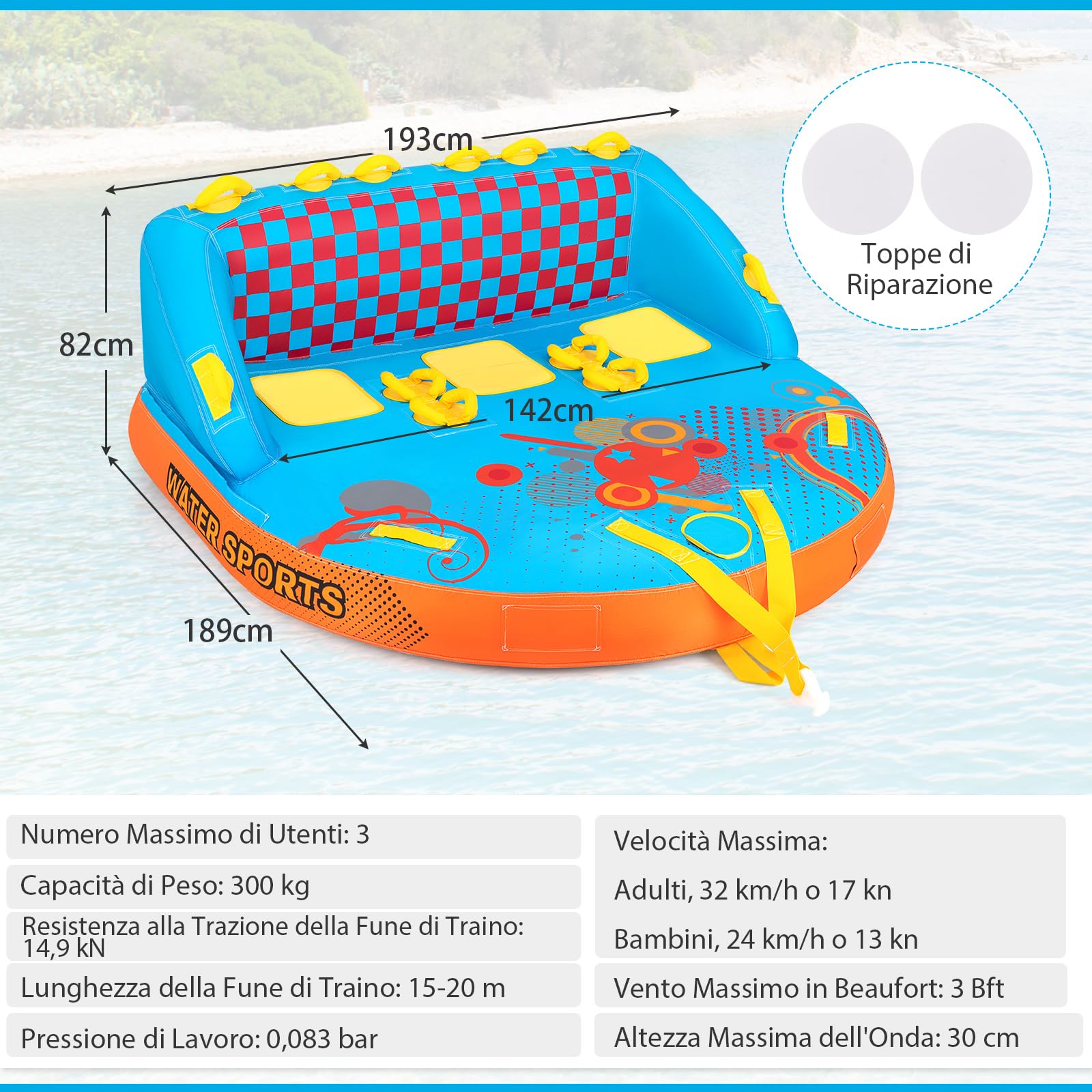 COSTWAY Tube Trainabile per Barche 3 Posti, Trainabili Sportivi per Acqua, Divano Trainabile con Copertura, Punti di Traino Anteriore e Posteriore, Tube Gonfiabile per Trainare Gente sull'Acqua