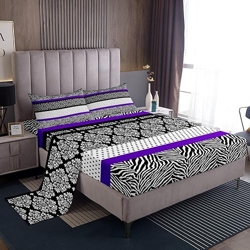Miniatura 3 de Juego de sábanas con estampado abstracto de cebra, tamaño King, para niños, adolescentes, diseño de retazos de flores, rayas, negro, blanco, morado,