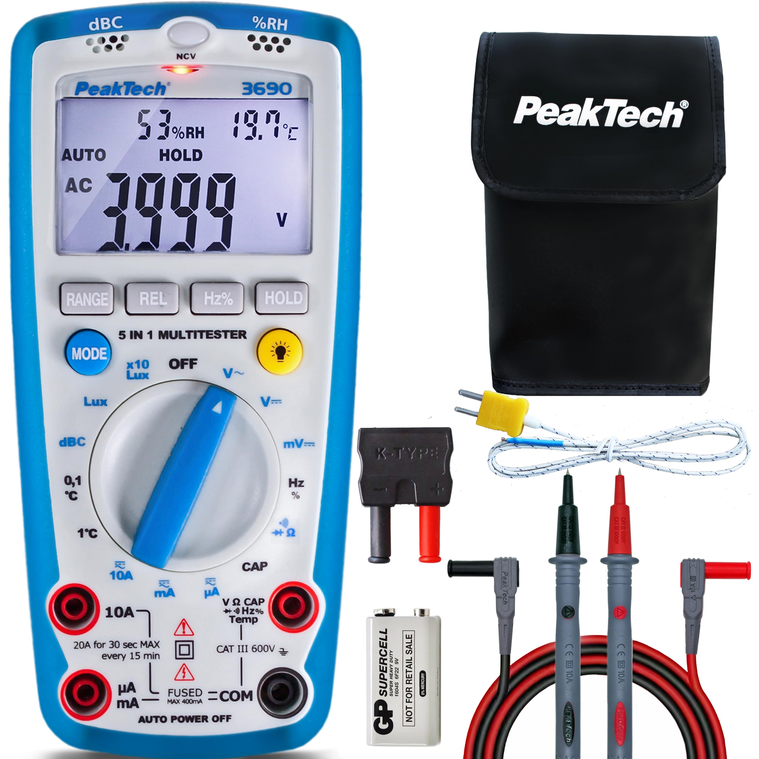 PeakTech P 3690 – Digitales 5-in-1 Messgerät – Multimeter, Schallpegelmessgerät, Luftfeuchtigkeitsmessgerät, Thermometer, Durchgangsprüfer in einem – Strommessgerät mit 4000 Counts 600V