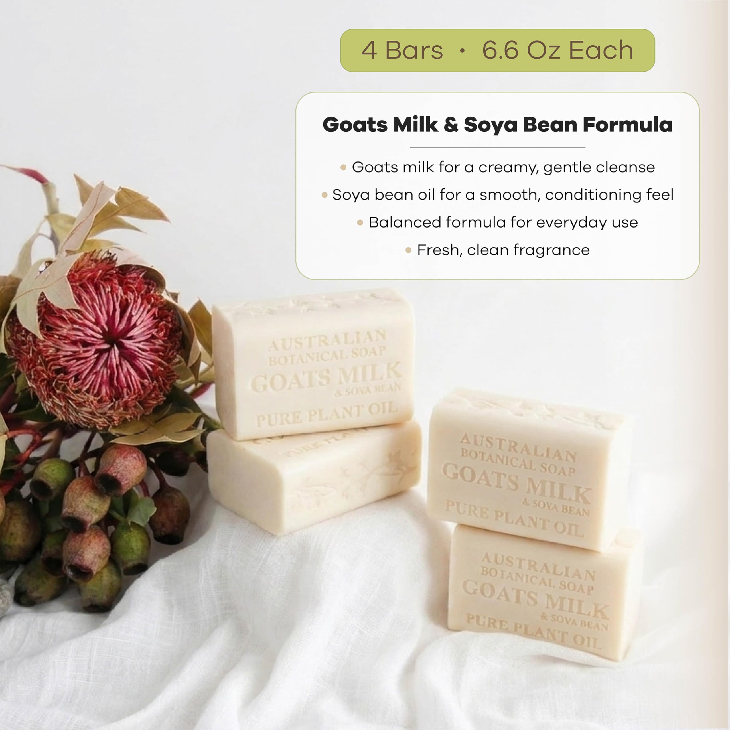 Australian Botanical Soap, Mleko kozie i olej sojowy czyste mydło z oleju roślinnego, 193 g każdy - 4 szt