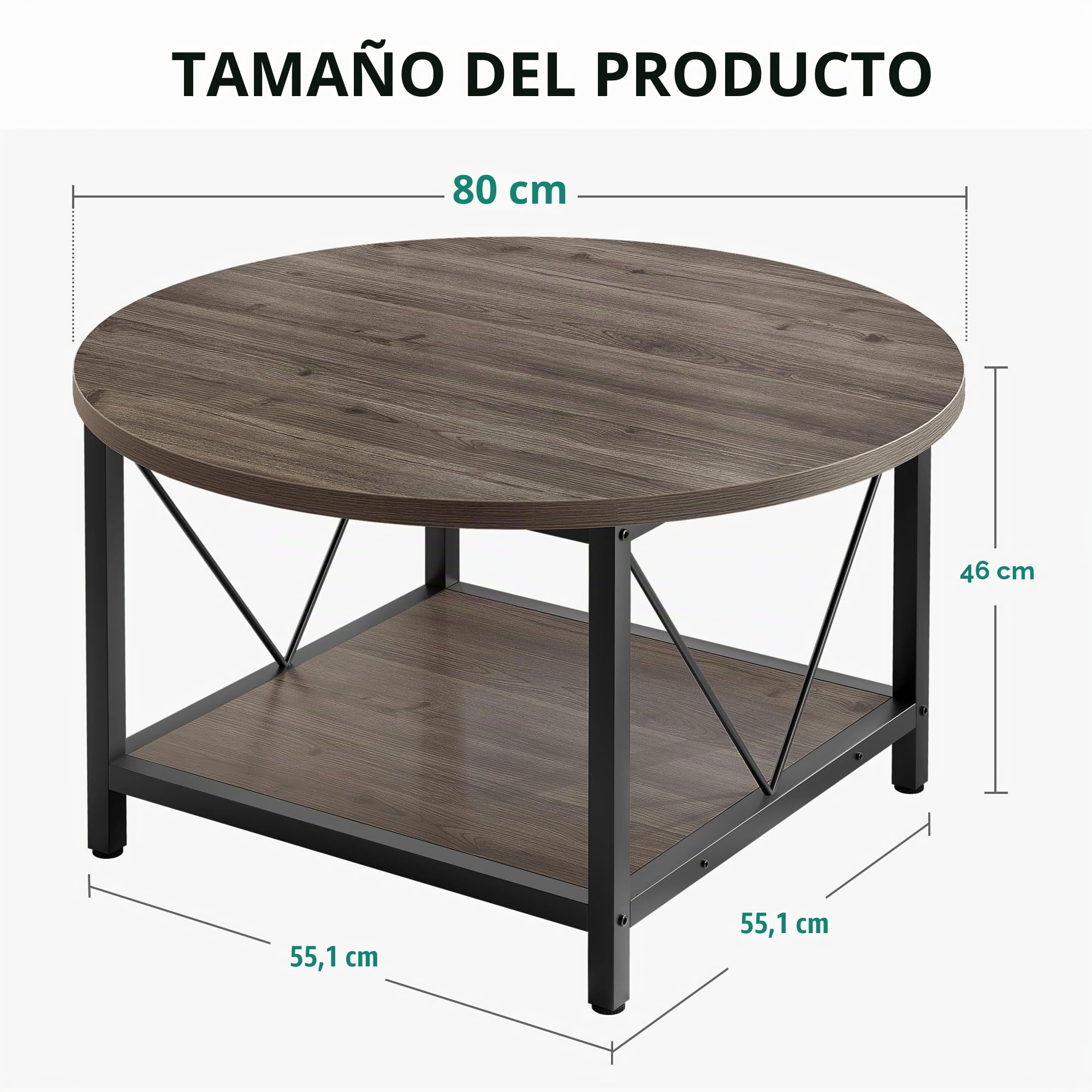 YITAHOME Mesa Auxiliar Redonda, Mesa Central Retro 80 x 80 x 46 cm, con Estante de Almacenamiento, Mesita Baja Sofá Industrial Moderna con Patas de Metal Resistentes, para Sala de Estar, Gris