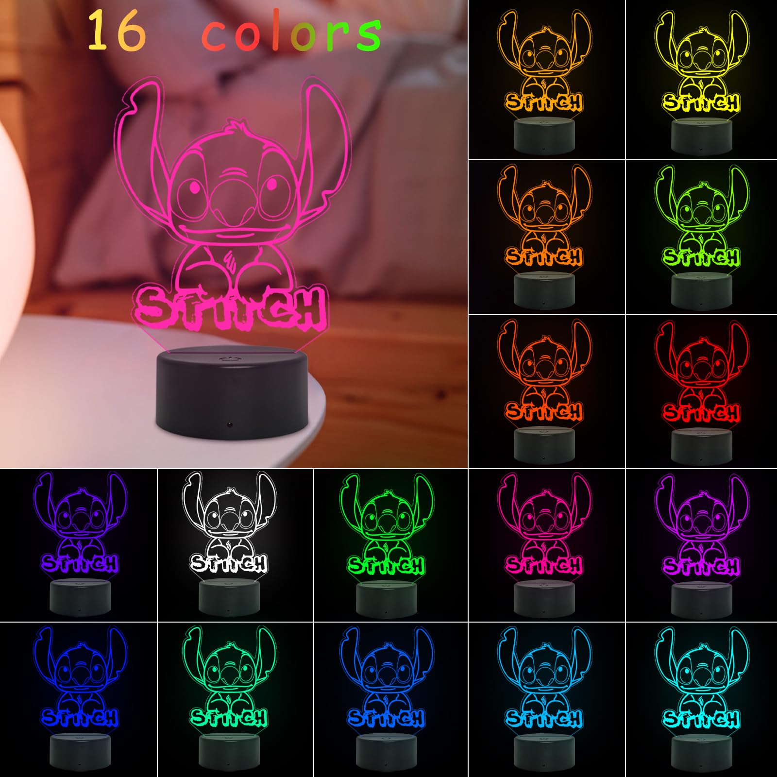 WYDCAA Lampade Stitch - Stich 3D Lampada da Notte Anime, Luce Notturna Decorativa per La Camera Dei Bambini, Lampada da Notte Tattile in Acrilico Rgb Led a 16 Colori, Compleanno Regalo di Natale