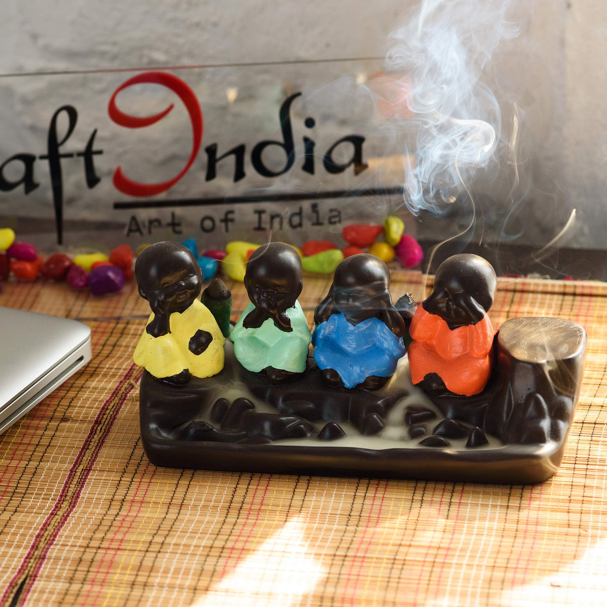 eCraftIndia Set of 4 Little Monk Buddha Statues Smoke Backflow Cone Incense Holder Buddha Showpiece for Home Decor Living Room Car Dashboard Office Gift for Diwali Buddha Purnima Housewarming Birthday
