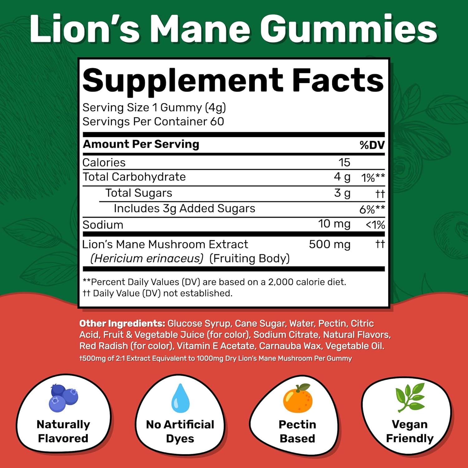 Fungies Lion's Mane Mushroom Gummies, Mixed Blueberry & Strawberry Flavor - Mushroom Supplement Gummy for Adults & Children Supports Brain Health, Cognitive Function, Focus, Memory & Mood, 60 Servings