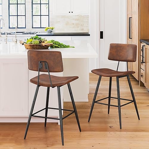 Miniatura 54 de Juego de 2 taburetes de bar de altura de mostrador de 24.5 pulgadas, taburetes de bar tapizados de piel sintética negra con reposapiés trasero y
