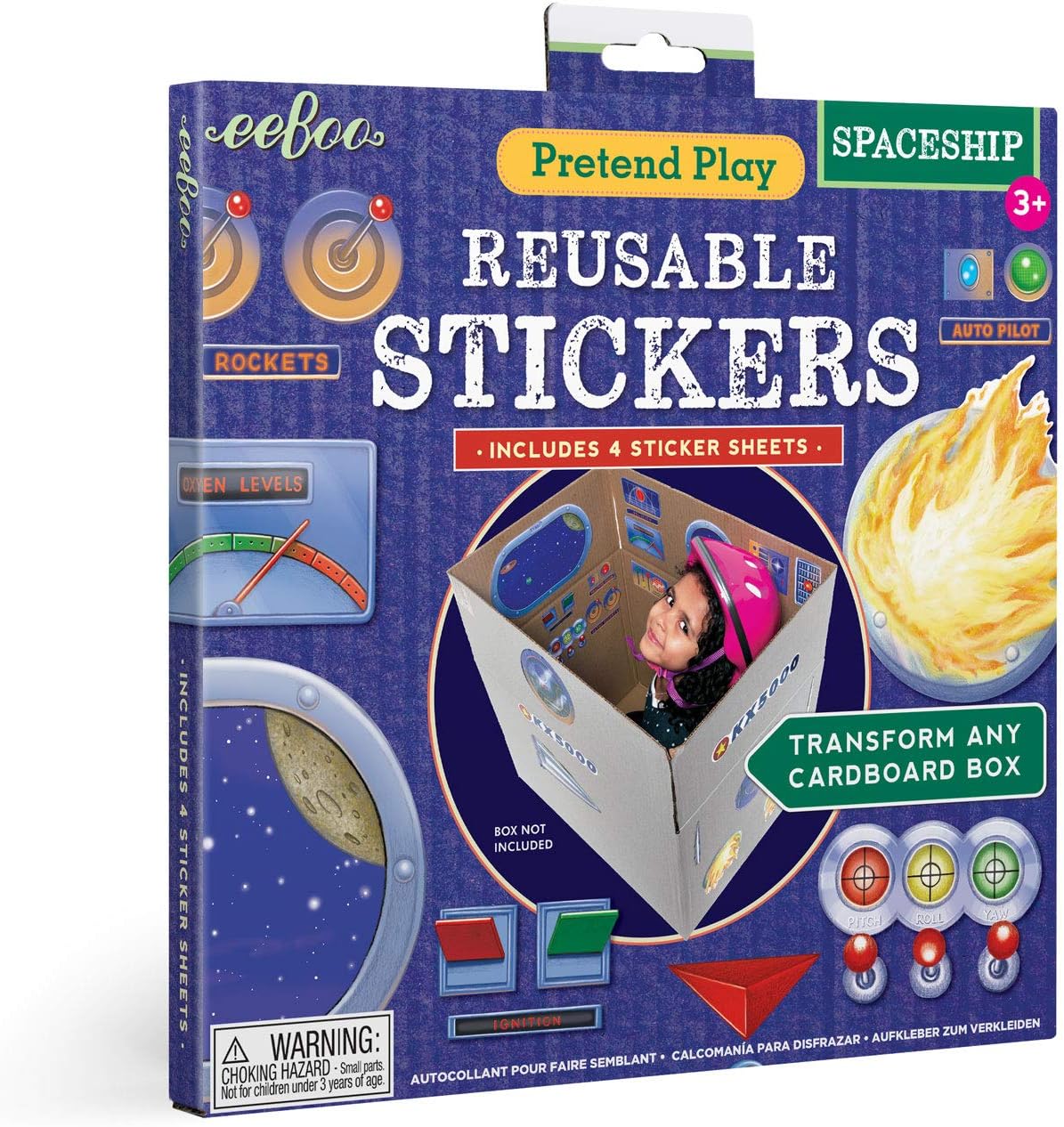 eeBoo: Pretend Play, Spaceship Reusable Stickers, Includes 4 Sticker Sheets, Transform Any Cardboard Box into Pretend Spaceships, for Ages 3 and up