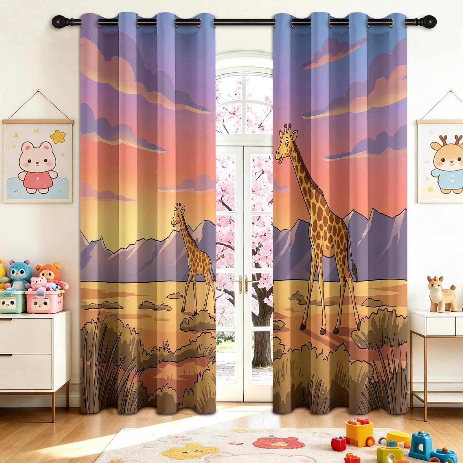 Cortinas de dibujos animados con diseño de sabana y jirafa, cortinas para niños y niñas, cortinas opacas tropicales con ojal, plisado con lápiz, tratamiento de ventanas para habitación infantil