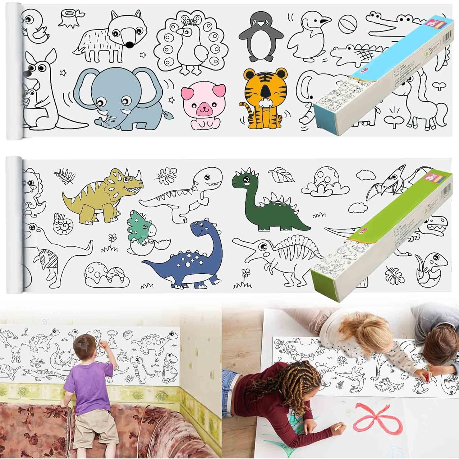 2PCS Children's Drawing Roll, Coloring Paper Roll for Kids Gift, 120 * 11.8 Inches DIY Painting Drawing Paper Roll, Sticky Drawing Paper Roll, Early Educational Toys for Kids (Animal World)