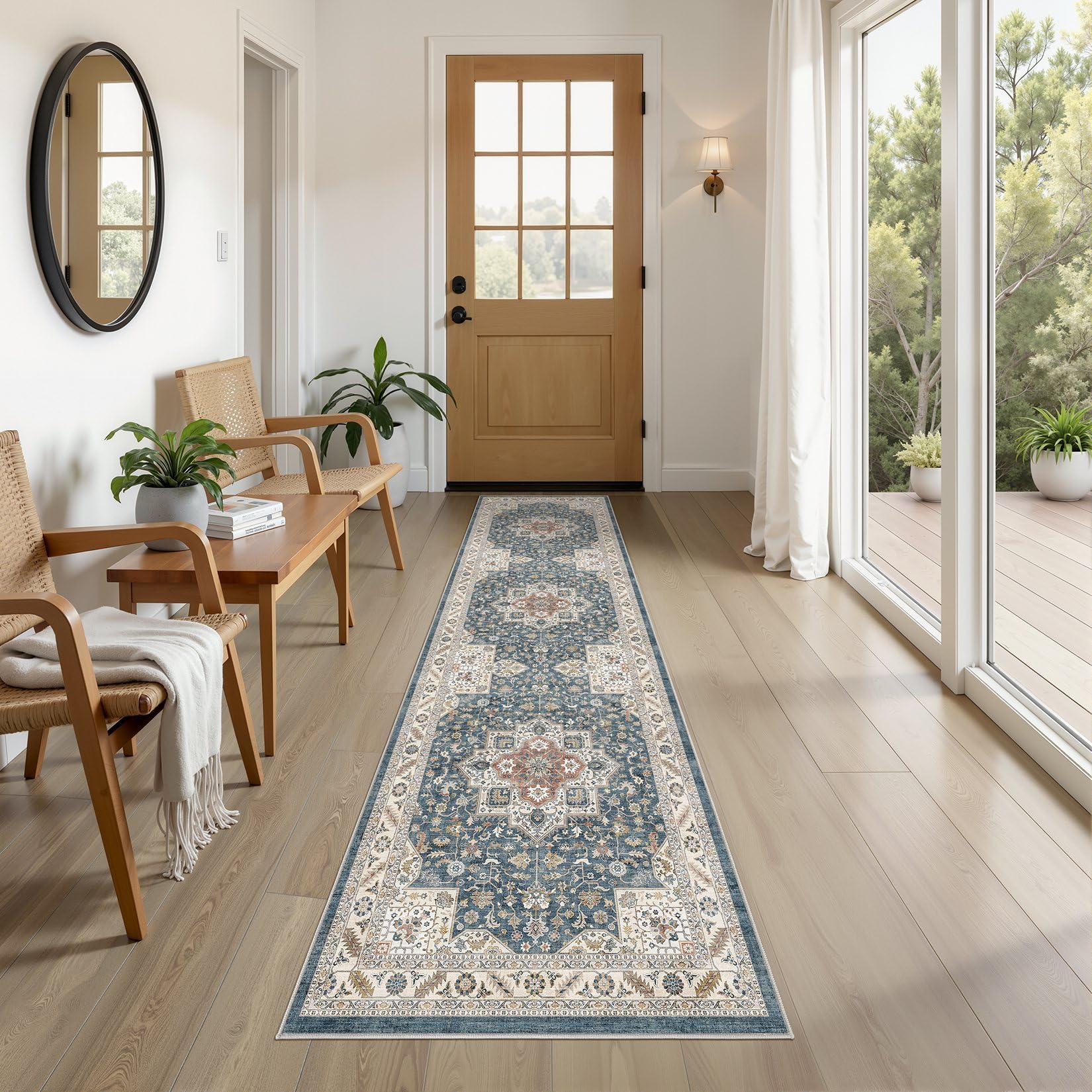 Vintage Hallway Runner Rug 2x8: Large Soft Washable Entryway for Kitchen Laundry Room Non-Slip Backing Runner for Entrance Living Room Bedroom Bathroom - Vintage Blue