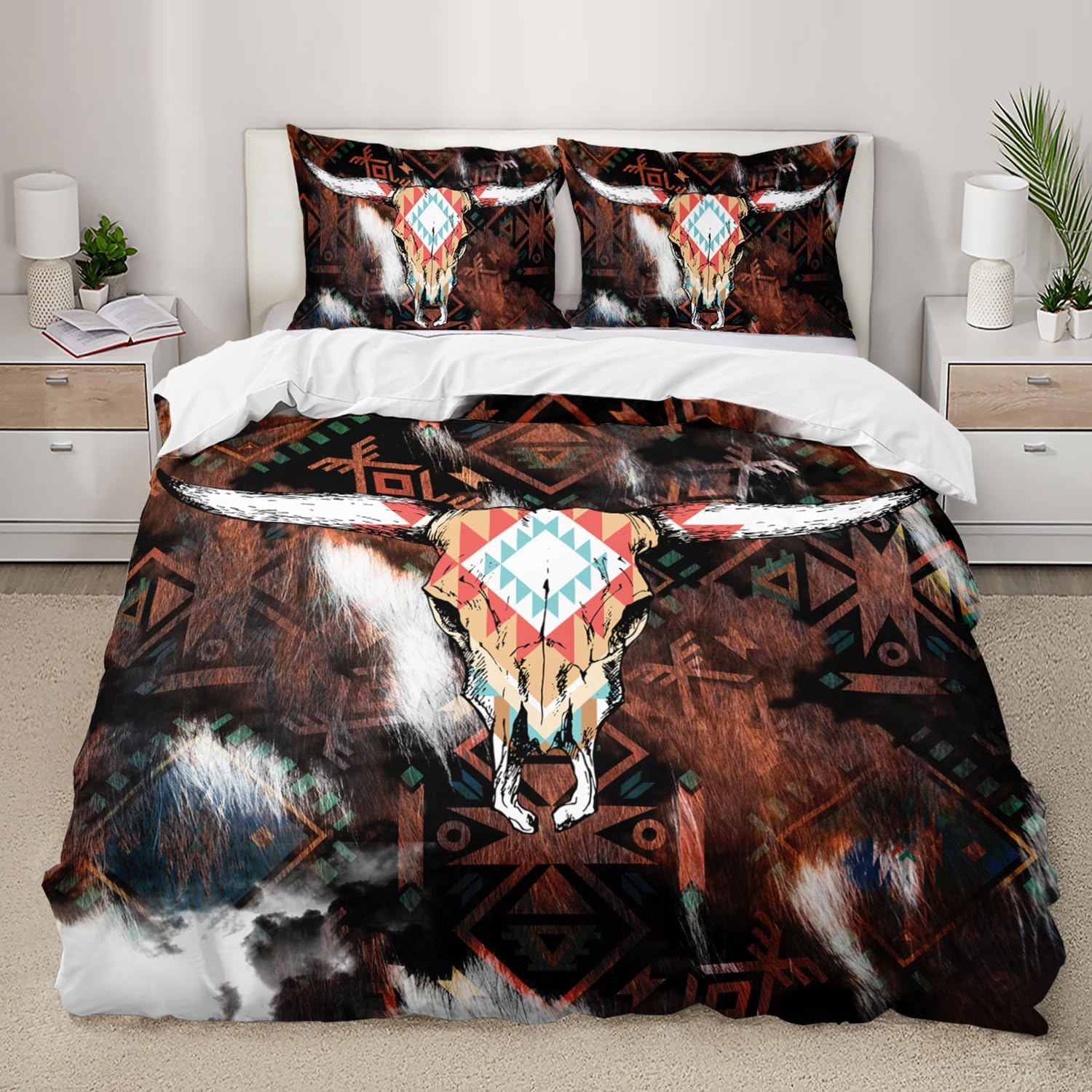 AILONEN Bull Skull Duvet Cover Set King Size,Cattle Cowhide Cow Fur Print Bedding Set,Buffalo Mexican Skull Comforter Cover Set,Western Cowboy Quilt Cover and 2 Pillowcases,3 Pieces