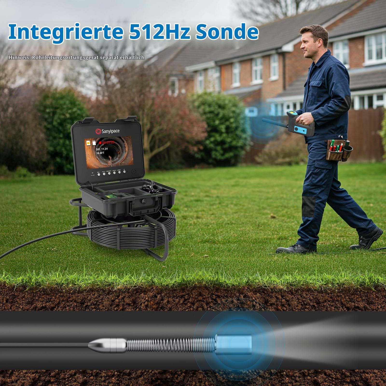 HD Kanalisationskamera 30M, Sanyipace Rohrkamera mit 512Hz Sender, Entfernungszähler und Selbstnivellierung, 10.1“ Bildschirm Rohrkamera, 7mm halbstarres Kabel, 32GB TF Karte enthalten
