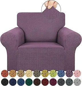 KEKUOU Stretch Single Sofa Slipcover 1 Piece Couch Sofa Cover (31"-55") Furniture Protector 1 Seater Sofa with Elastic Bottom for Kids,Pet.Jacquard Small Checked Pattern Fabric(Small,Dark Purple)