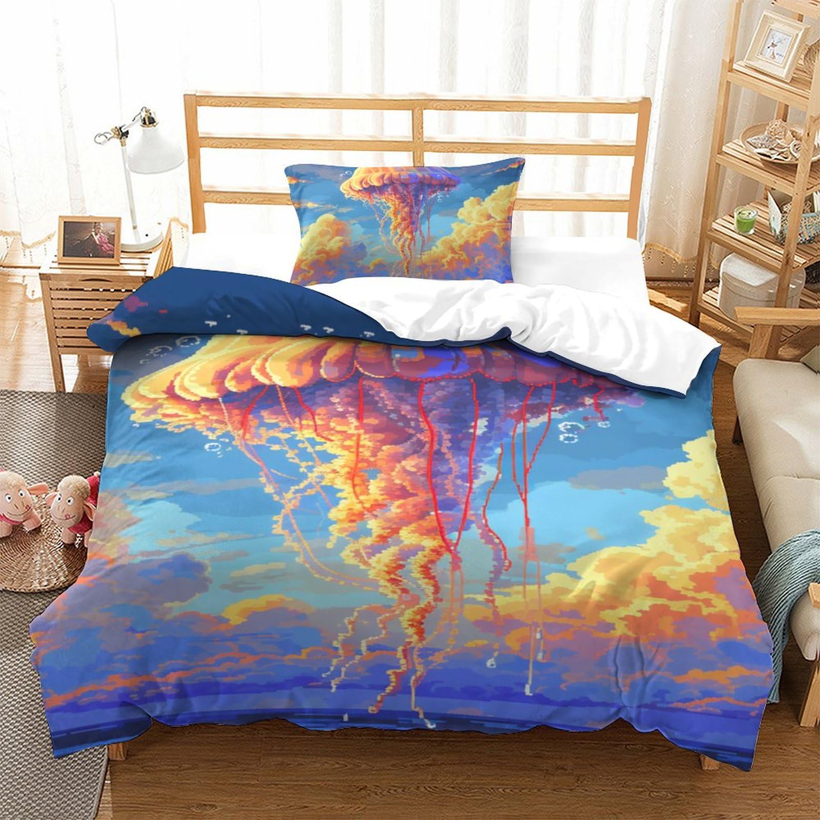 Couette méduses 3D anti-plis en microfibre douce pour lit simple 135x200cm de vos enfants