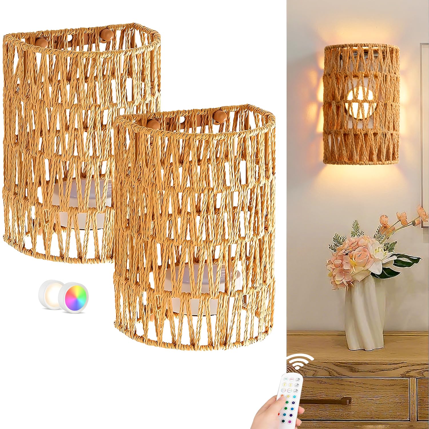 2 Stück Boho Rattan Wandlampe Innen Akku Wandleuchte Ohne Stromanschluss RGB Dimmbare Wandleuchten mit Fernbedienung Retro Nachttischlampe für Schlafzimmer Wohnzimmer Flur