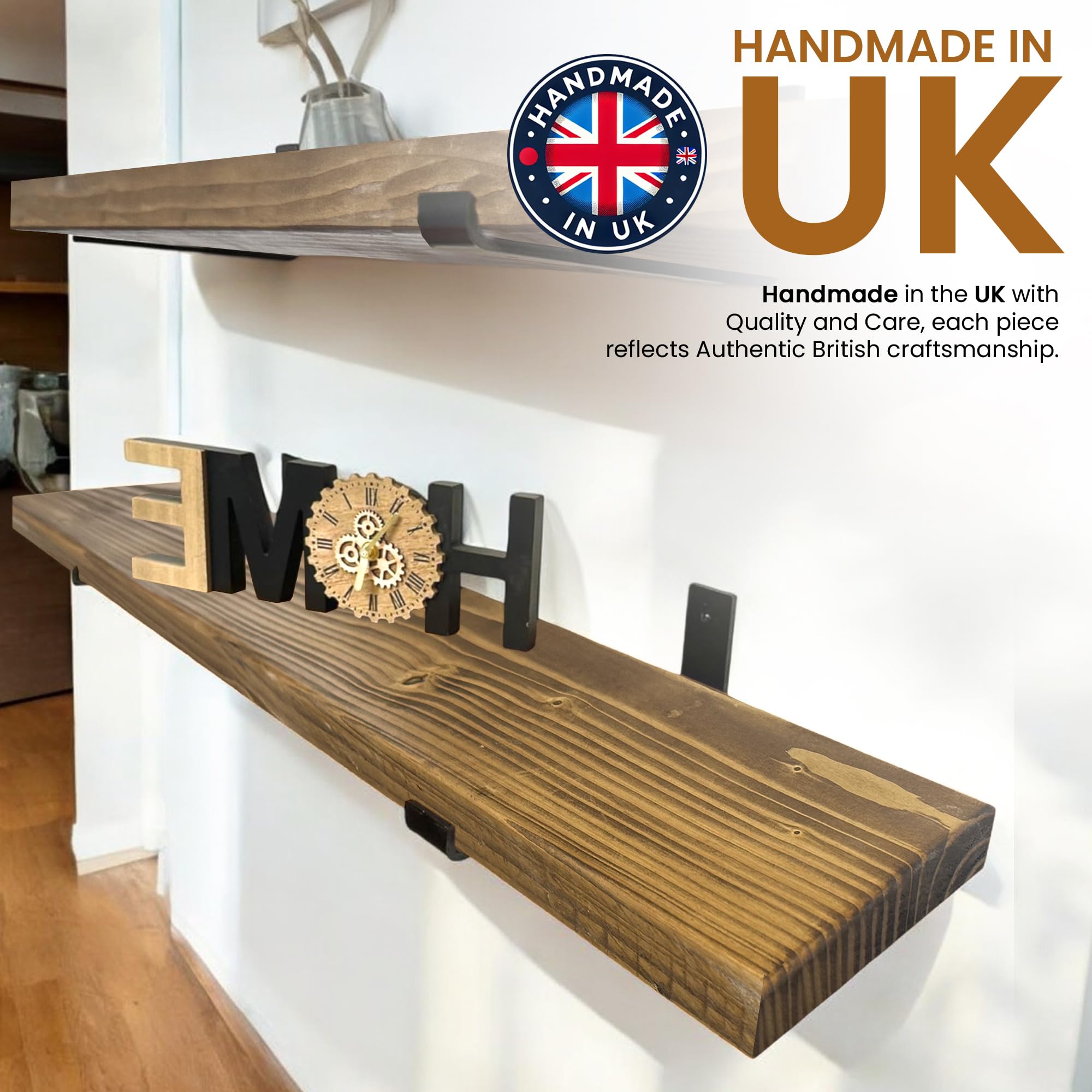 MKGT Handcrafted Rustic Wooden Floating Shelf, Wall Mounted with Black L Brackets, Made in the UK from Solid Timber, Kitchen - Image 4