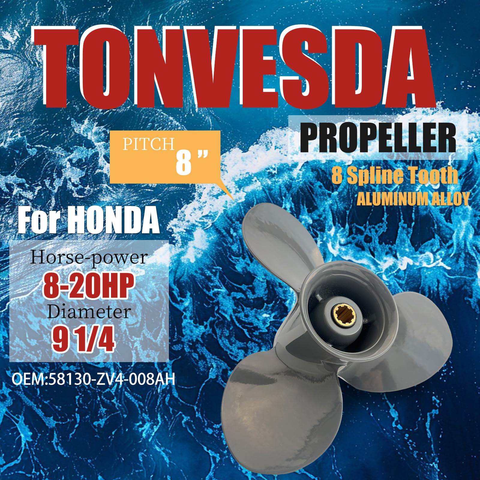 Hélice fuera de borda de aluminio para motores Honda 8HP 9.0HP 5HP 20HP, 9 1/4 x 8 9 1/4 x 9 9 1/4 x 10 9 1/4 x 11 9 1/4 x 12, 8 dientes estriados, derecha