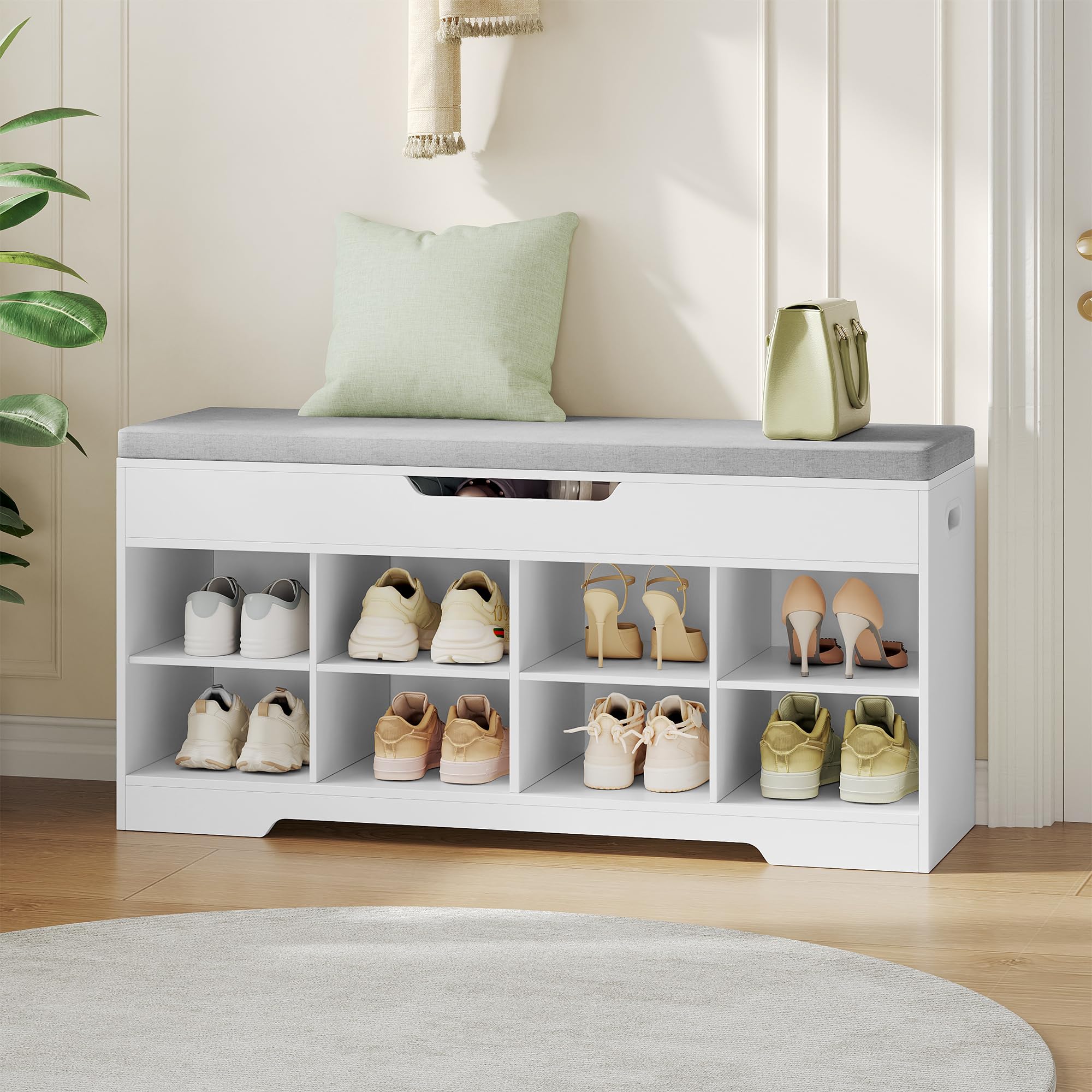 Sitzbank mit Stauraum, Schuhbank, 104 x 32 x 50 cm, Leinenweiß