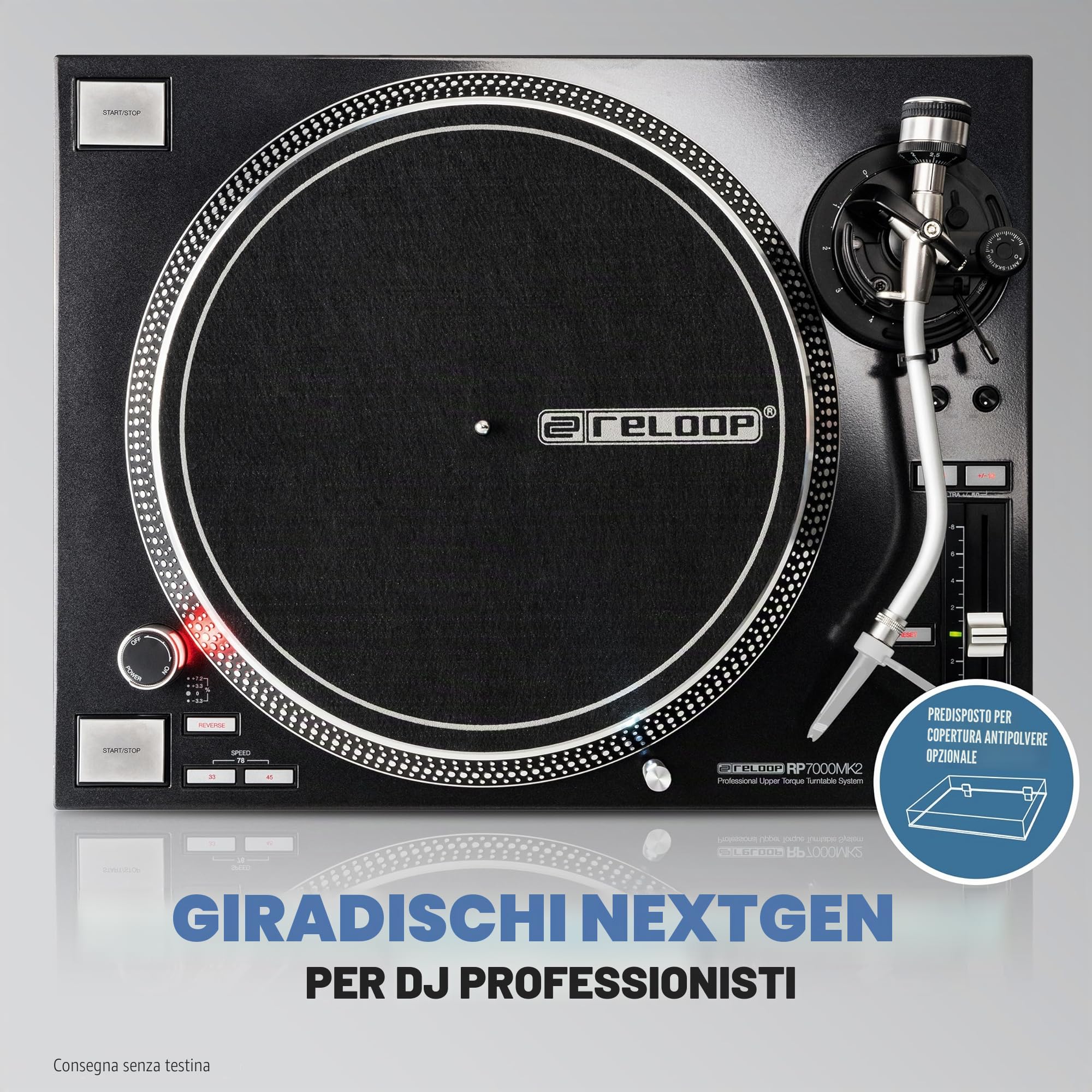 Reloop RP-7000 MK2 - Giradischi professionale per DJ con trasmissione diretta Upper Torque Quartz, nuova base del braccio, regolabile in altezza