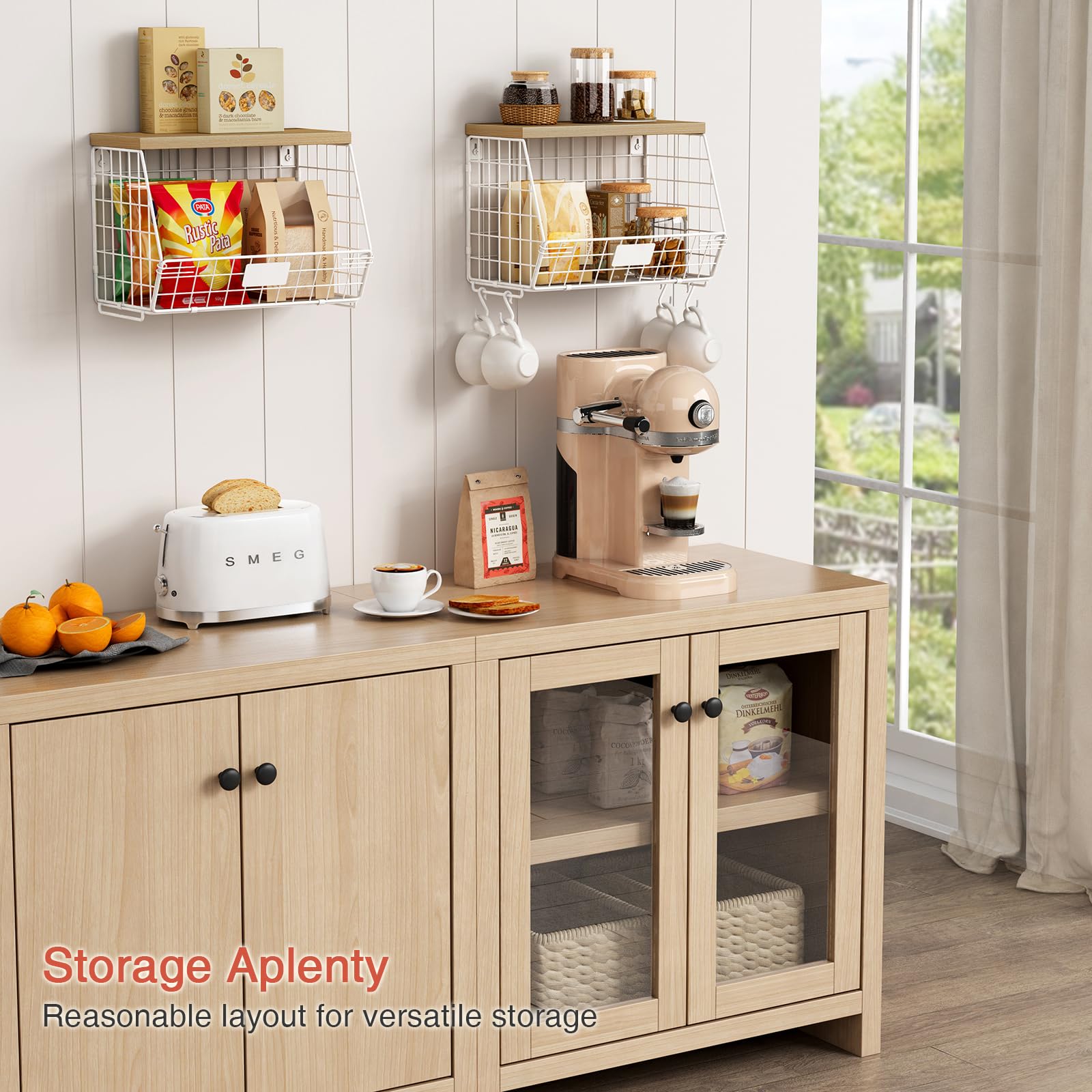 Cesta de alambre blanco para almacenamiento de frutas para encimera de cocina, juego de 2, cesta de frutas de montaje en pared con estante con gancho para plátanos, organizador colgante de 3